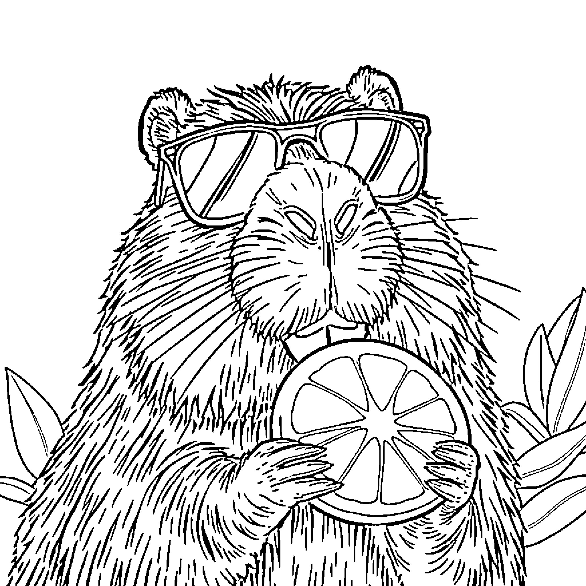 Capybara enjoying a refreshing citrus snack Coloring Page (free black-and-white line drawing printable PDF for all, from beginners to advanced learners, including children, teens, adults, and seniors)