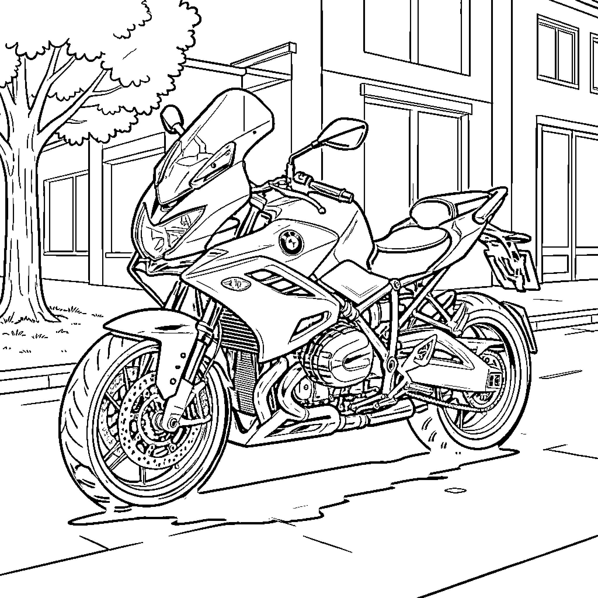 BMW R1200R parked on a quiet city street Coloring Page (free black-and-white line drawing printable PDF for all, from beginners to advanced learners, including children, teens, adults, and seniors)