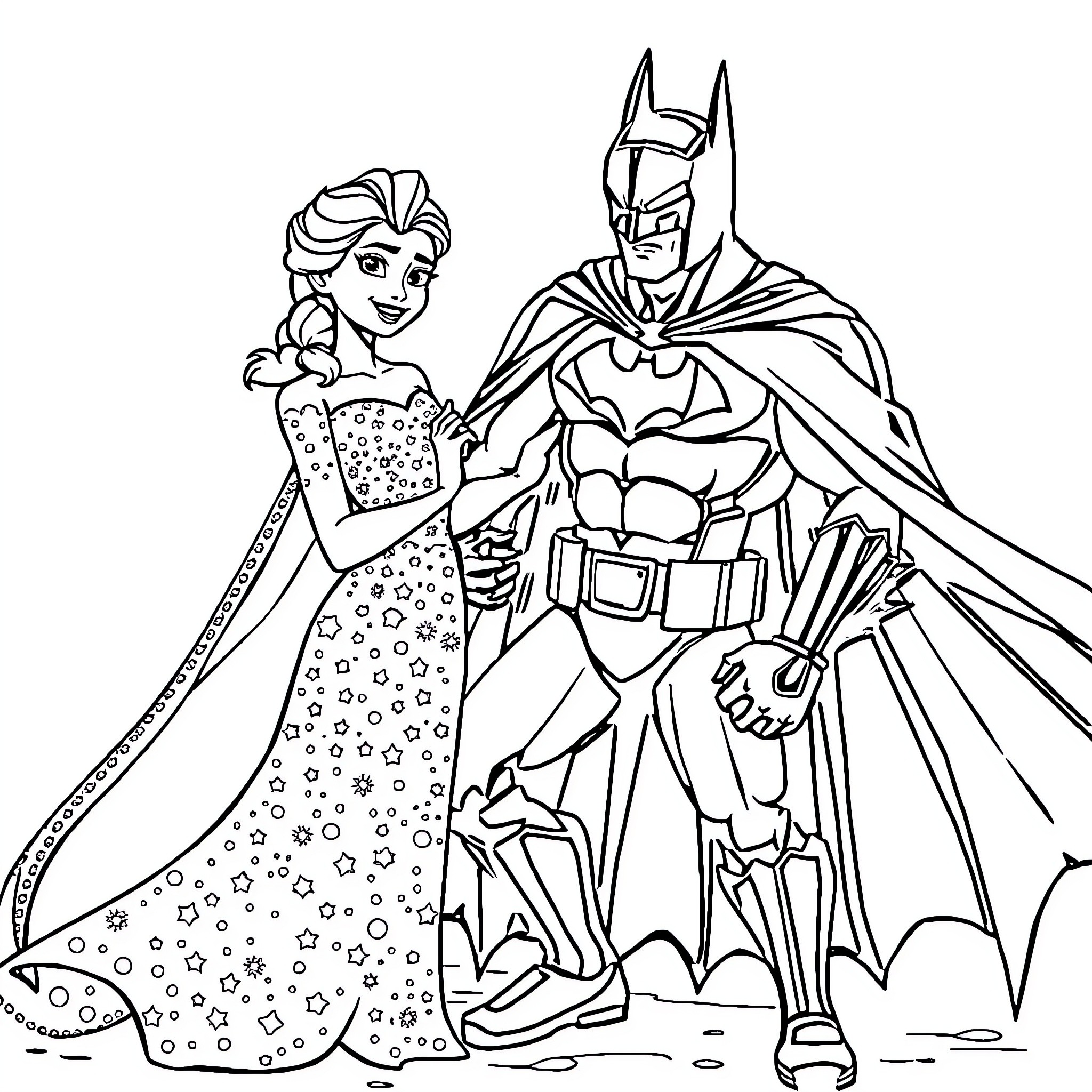 Elsa and Batman on a Starry Backdrop Coloring Page (free black-and-white line drawing printable PDF for all, from beginners to advanced learners, including children, teens, adults, and seniors)