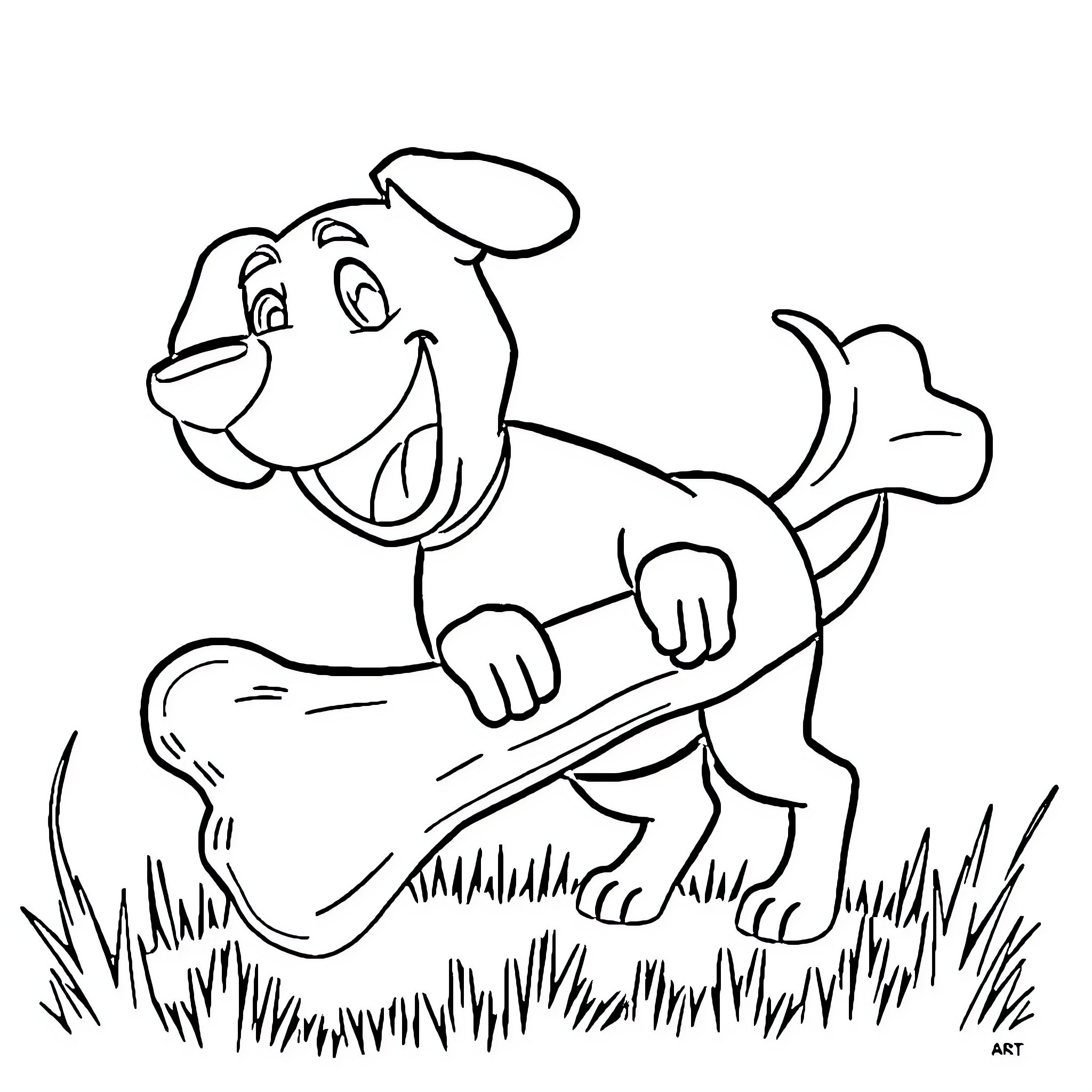 Dog playing happily in the grass Coloring Page (free black-and-white line drawing printable PDF for all, from beginners to advanced learners, including children, teens, adults, and seniors)