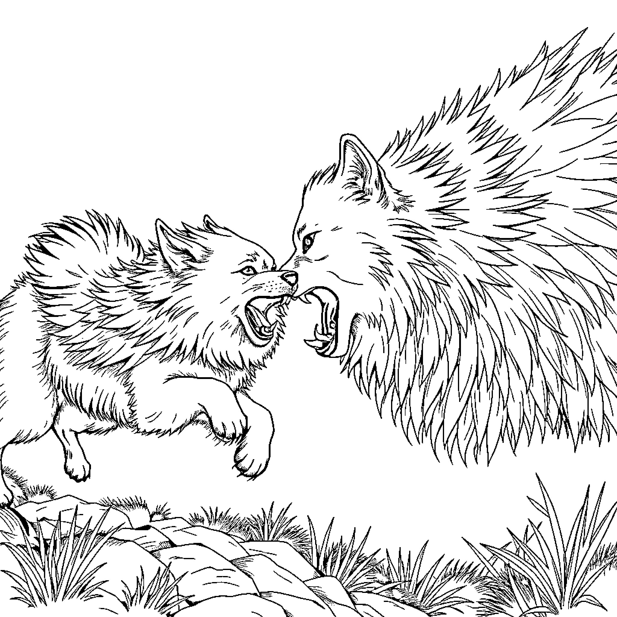 Keeshond duo engaging in playful altercation Coloring Page (free black-and-white line drawing printable PDF for all, from beginners to advanced learners, including children, teens, adults, and seniors)