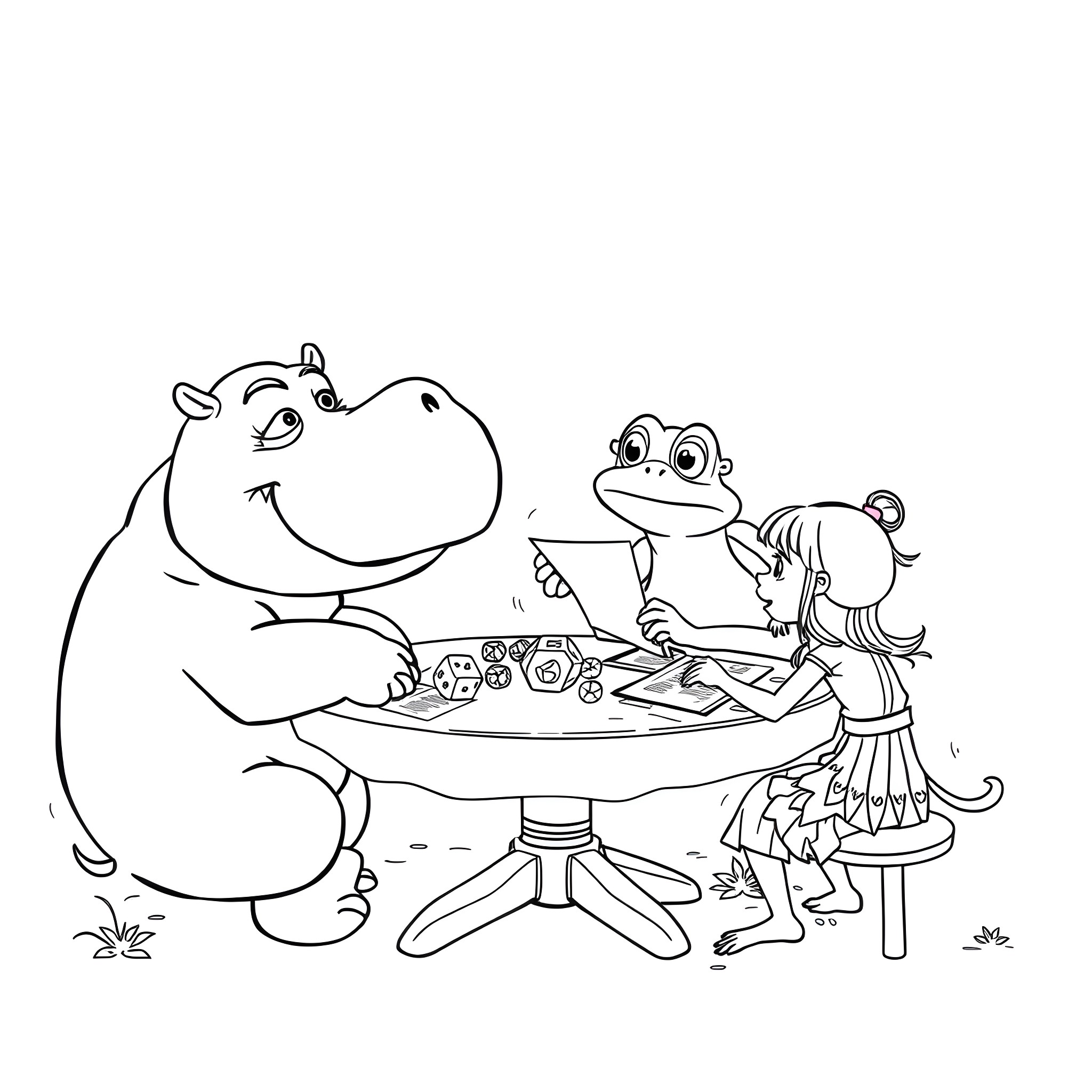 Hippo and Frog Friends Playing Board Game Coloring Page (free black-and-white line drawing printable PDF for all, from beginners to advanced learners, including children, teens, adults, and seniors)