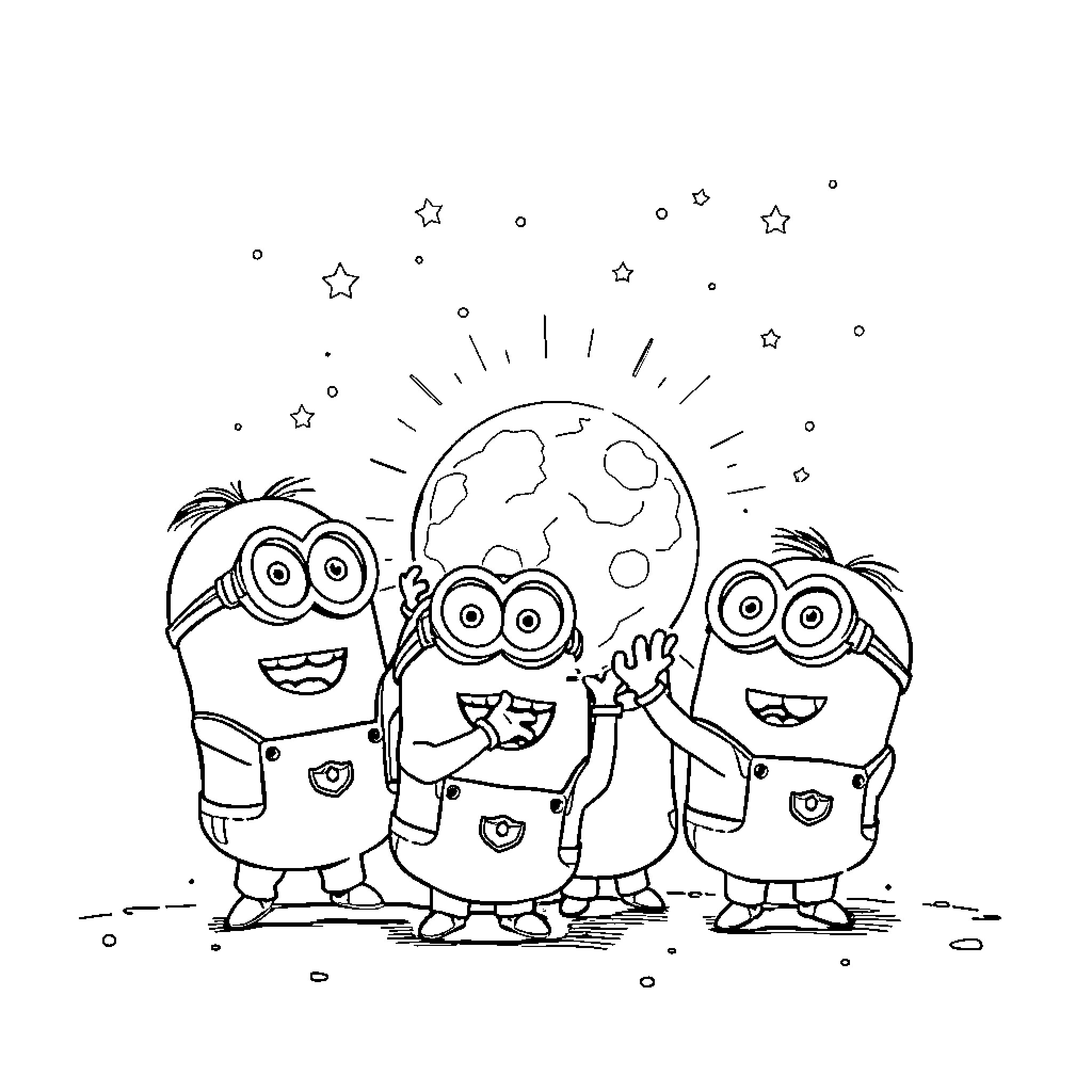 Minions Exploring Starry Night Sky Coloring Page (free black-and-white line drawing printable PDF for all, from beginners to advanced learners, including children, teens, adults, and seniors)