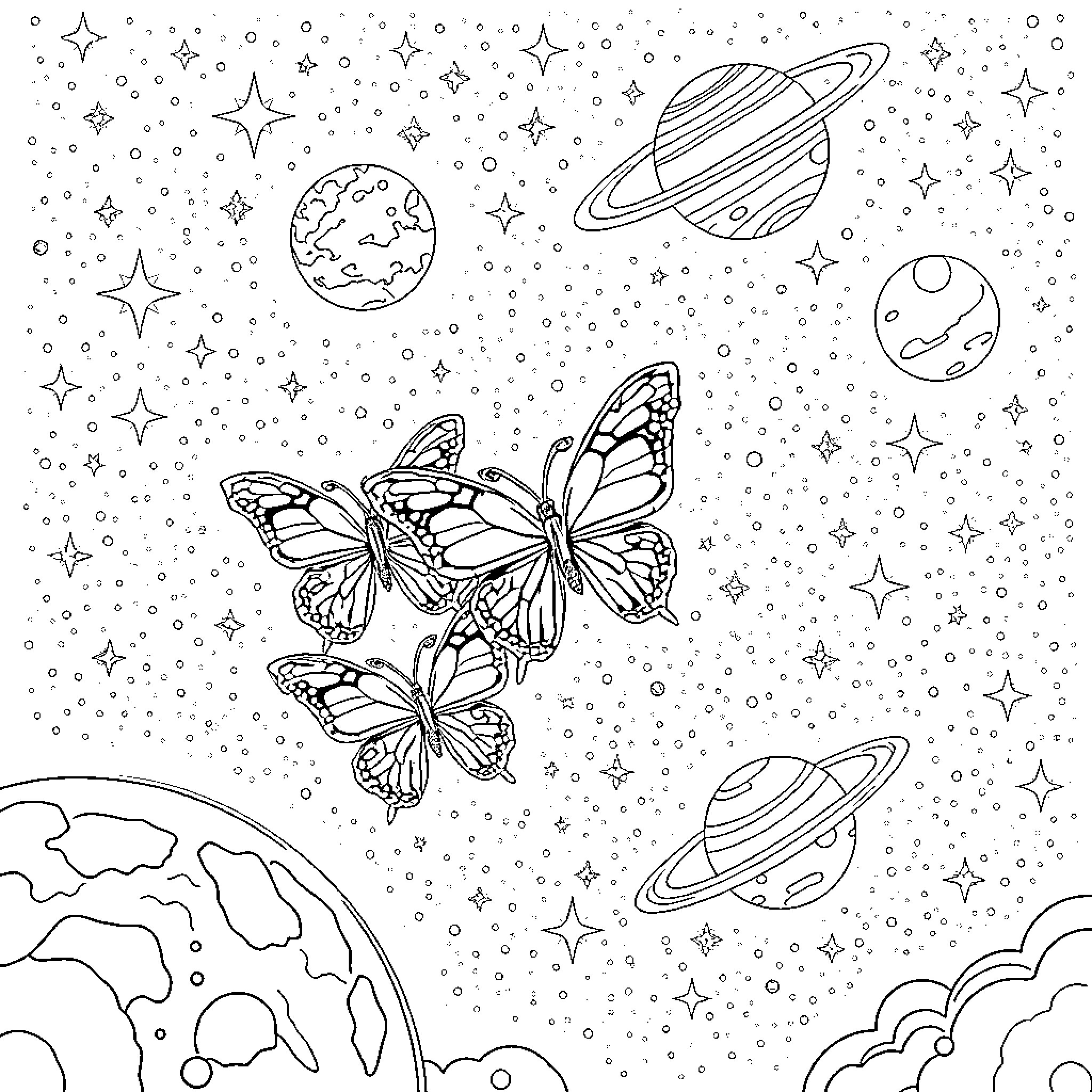 Butterfly Cosmic Dance in the Night Sky Coloring Page (free black-and-white line drawing printable PDF for all, from beginners to advanced learners, including children, teens, adults, and seniors)