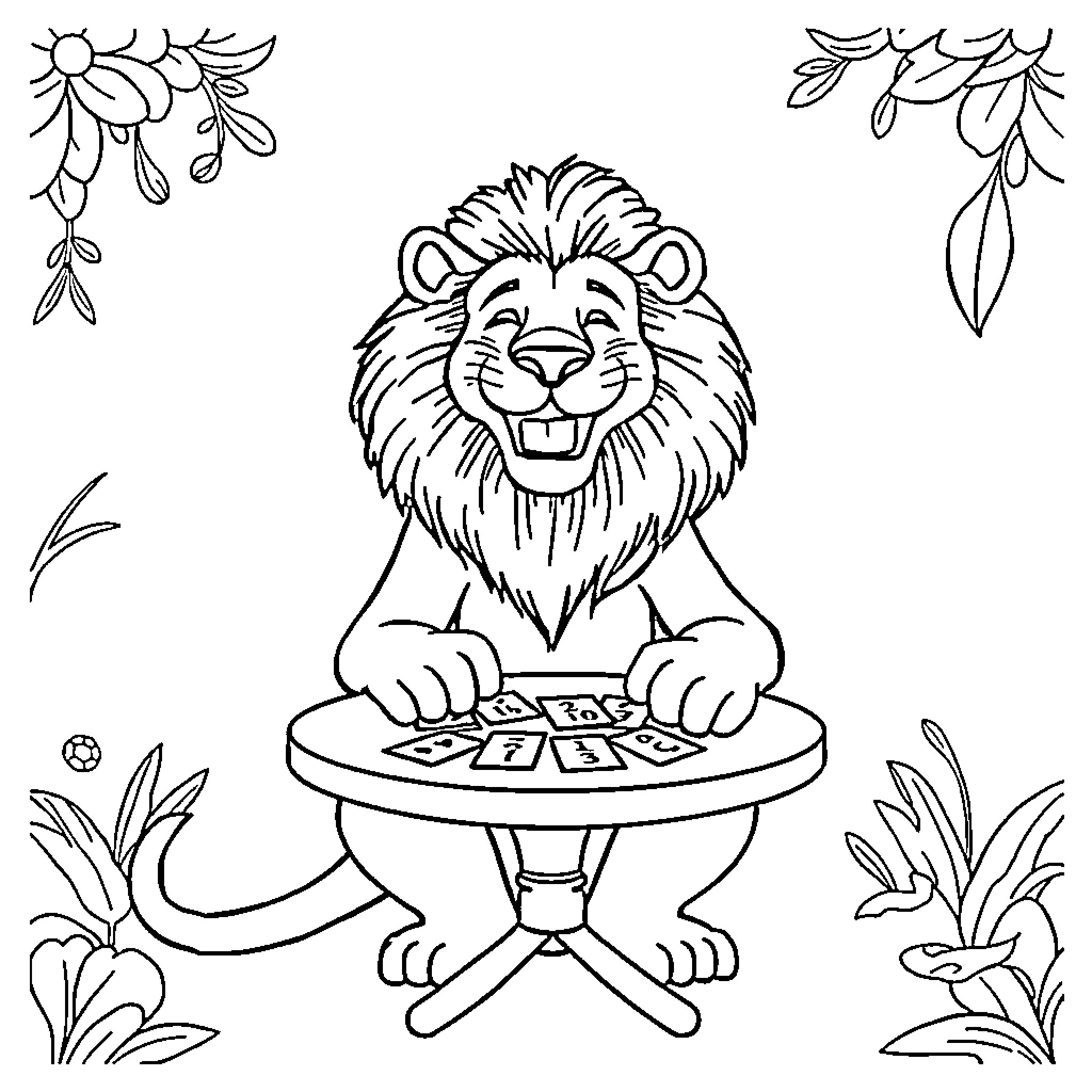 Lion playing with toys in nature Coloring Page (free black-and-white line drawing printable PDF for all, from beginners to advanced learners, including children, teens, adults, and seniors)