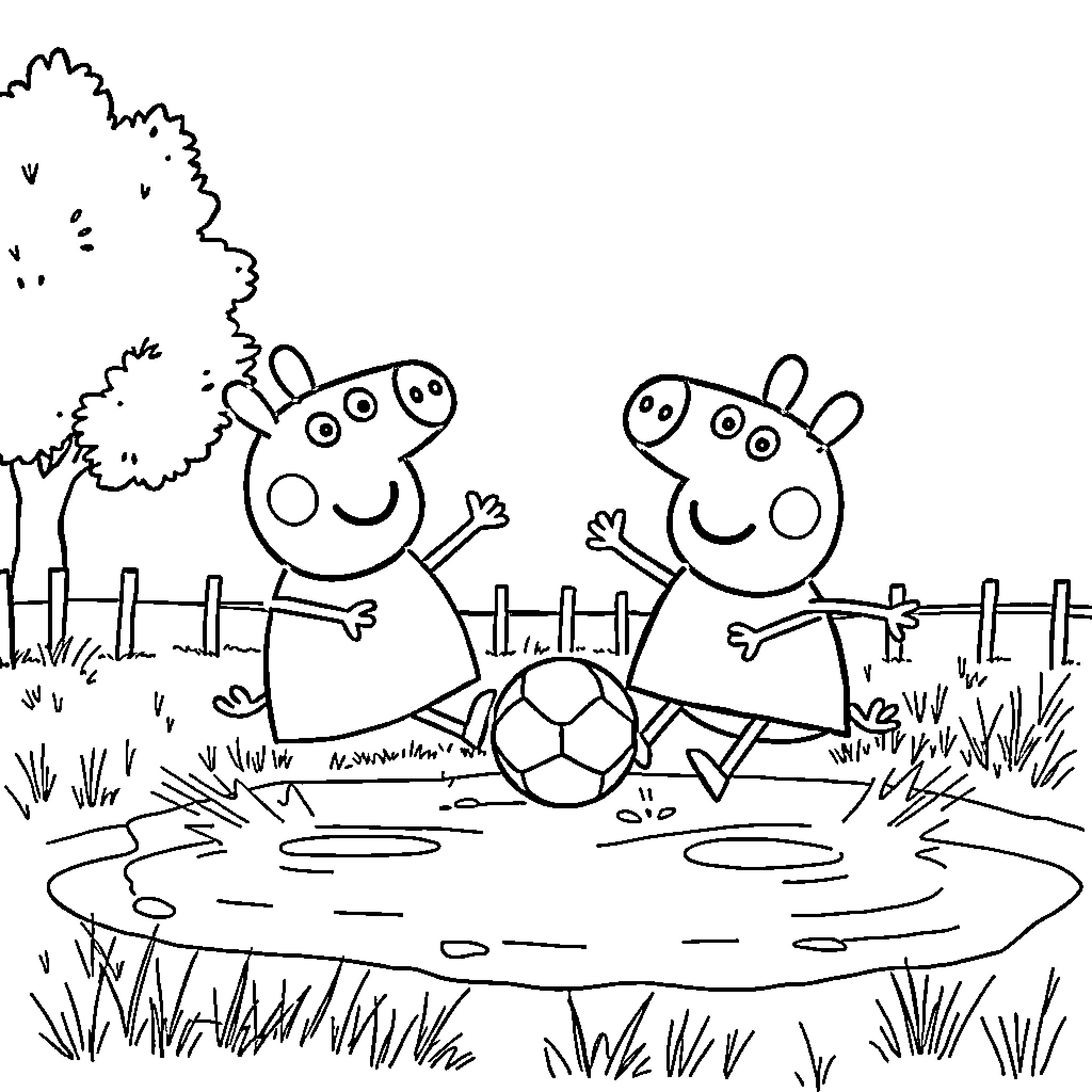 Peppa Pig and friends playing soccer outdoors Coloring Page (free black-and-white line drawing printable PDF for all, from beginners to advanced learners, including children, teens, adults, and seniors)