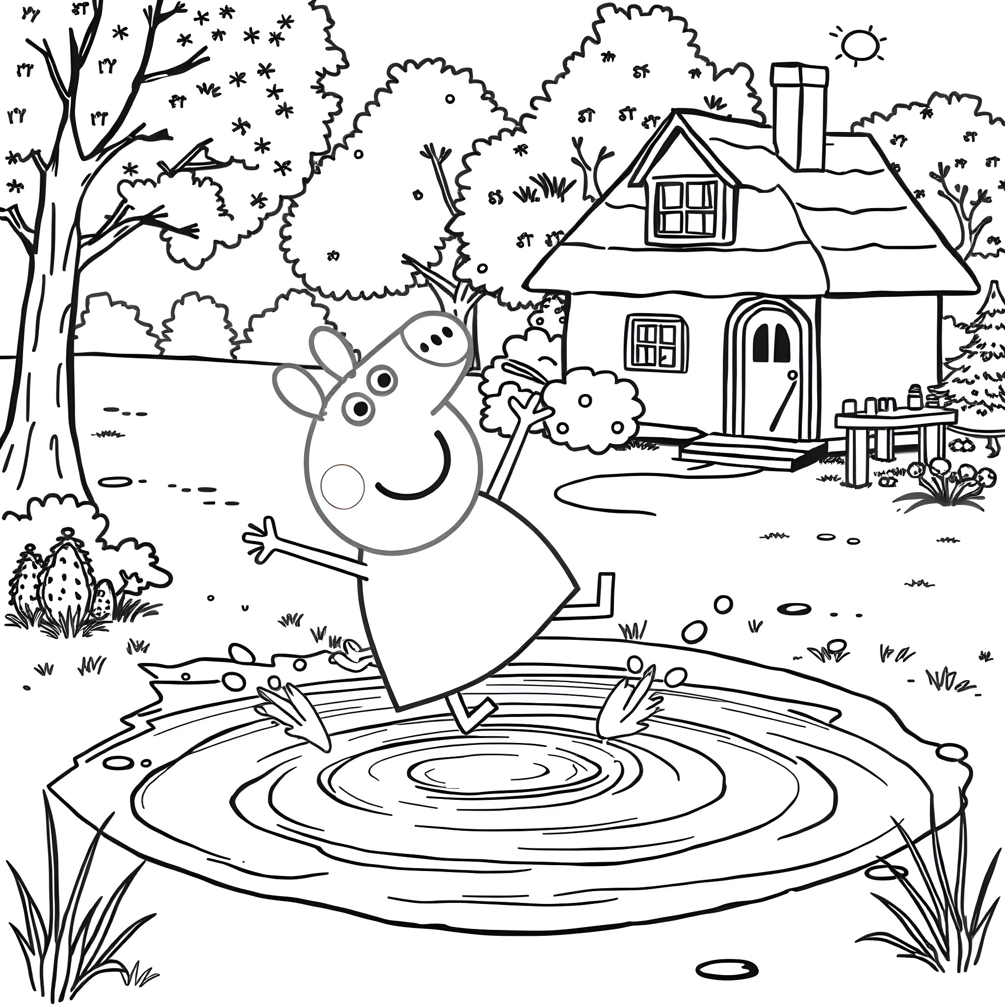 Peppa Pig jumping into a muddy puddle near a cottage Coloring Page (free black-and-white line drawing printable PDF for all, from beginners to advanced learners, including children, teens, adults, and seniors)