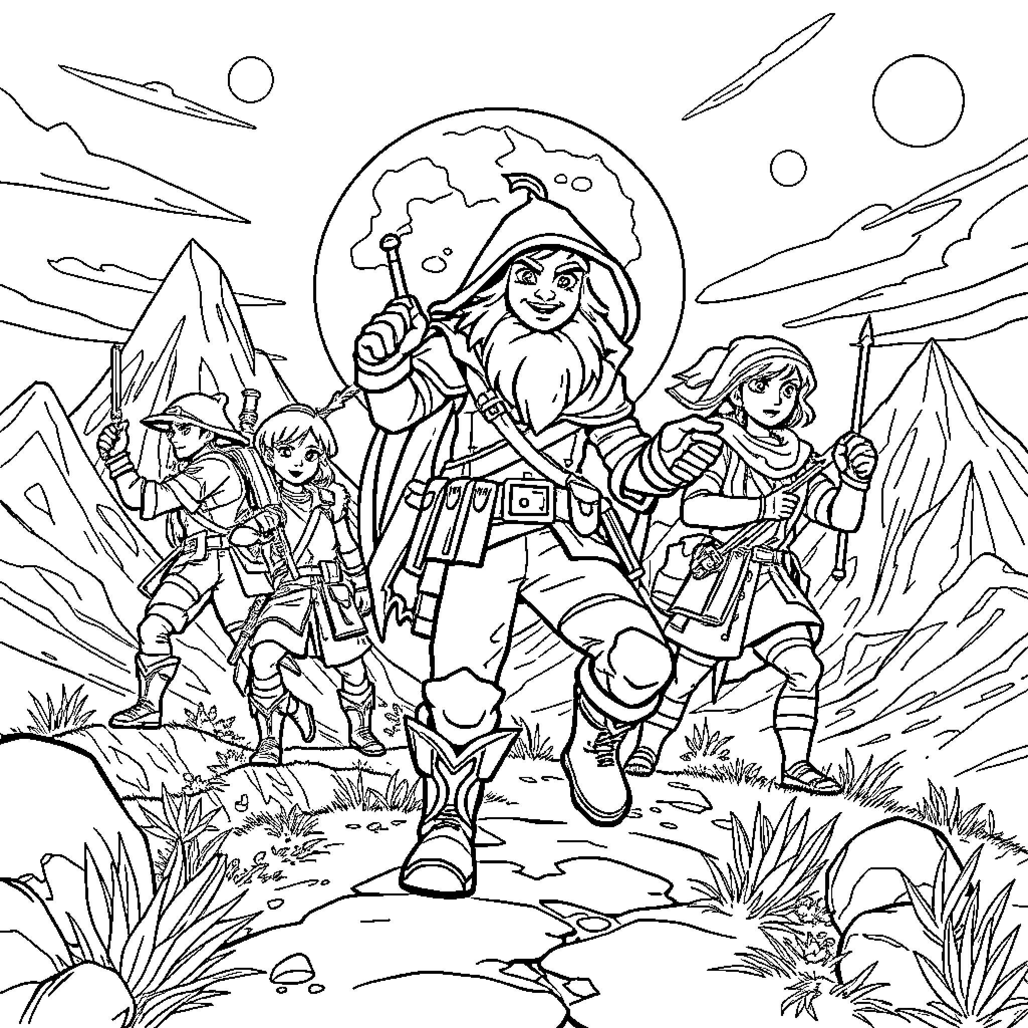 Huntrix Adventure Party Exploring Wilderness Coloring Page (free black-and-white line drawing printable PDF for all, from beginners to advanced learners, including children, teens, adults, and seniors)