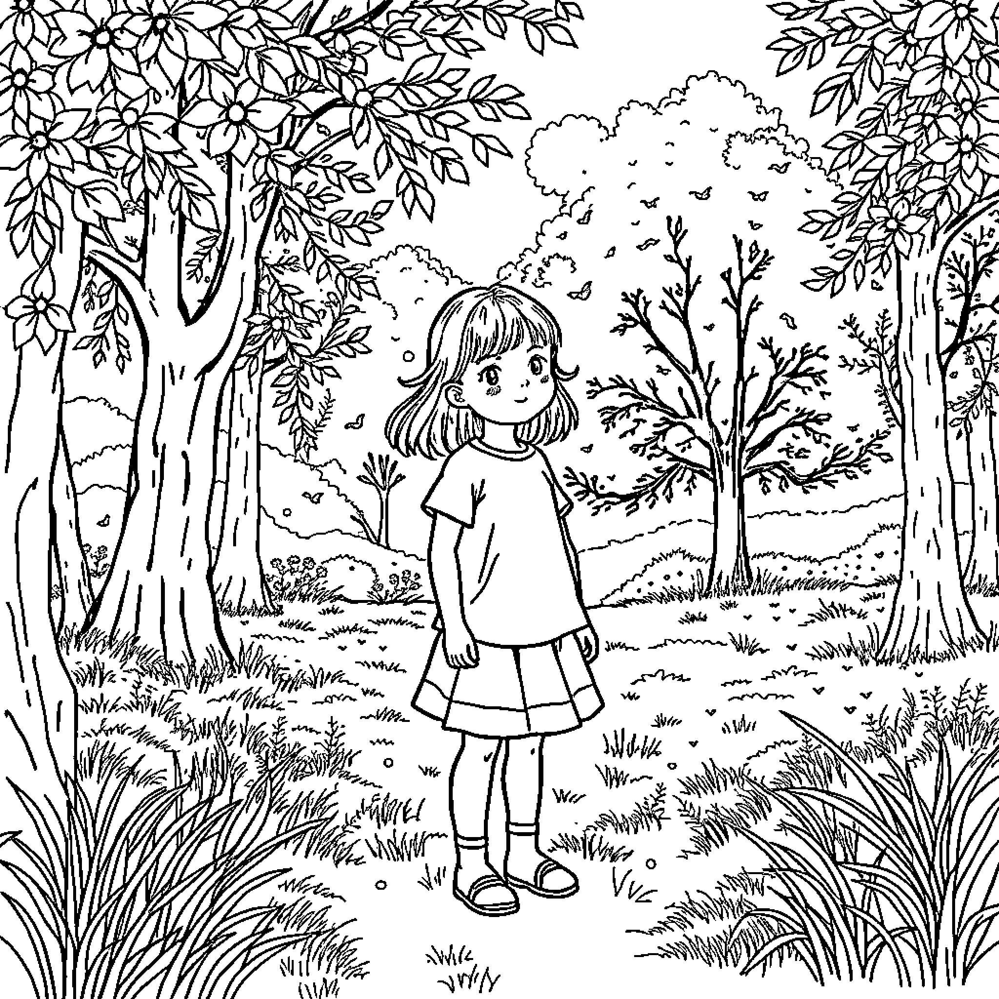 Girl exploring the enchanting forest Coloring Page (free black-and-white line drawing printable PDF for all, from beginners to advanced learners, including children, teens, adults, and seniors)