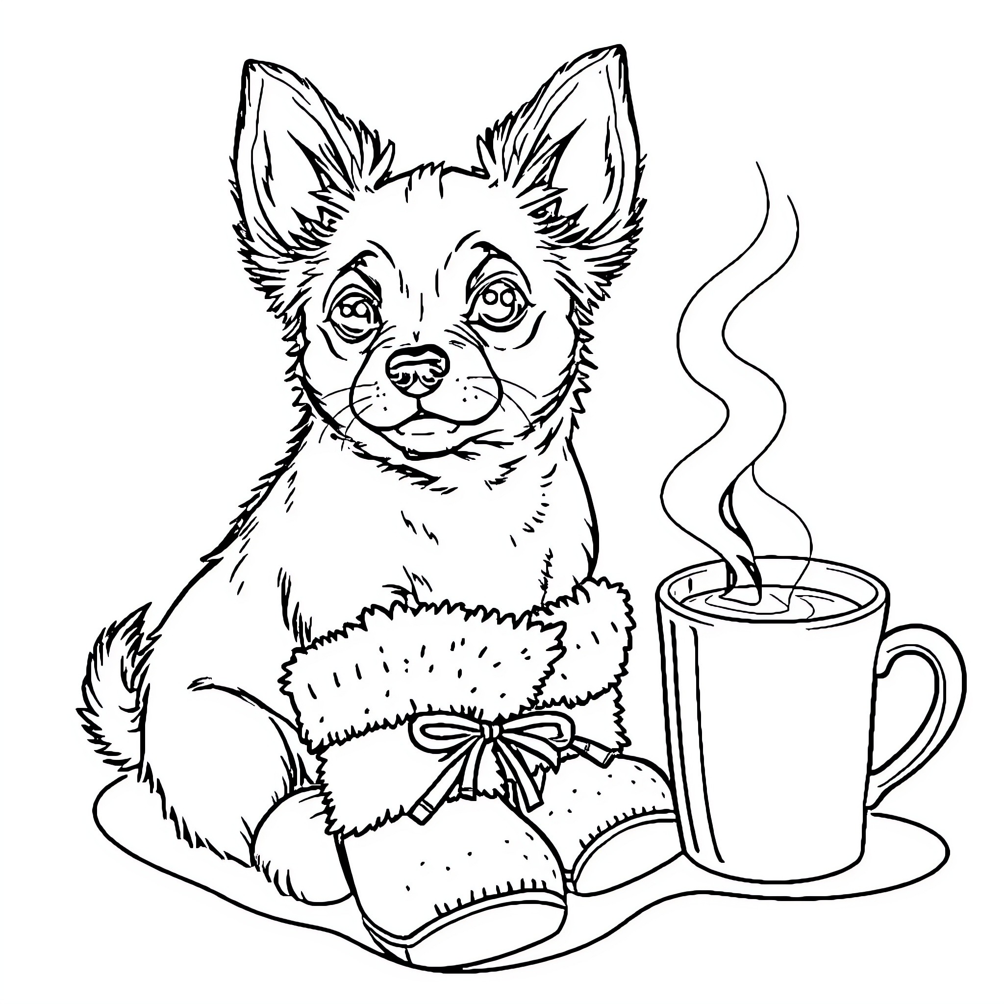 Dog enjoying a warm beverage on a cozy day Coloring Page (free black-and-white line drawing printable PDF for all, from beginners to advanced learners, including children, teens, adults, and seniors)
