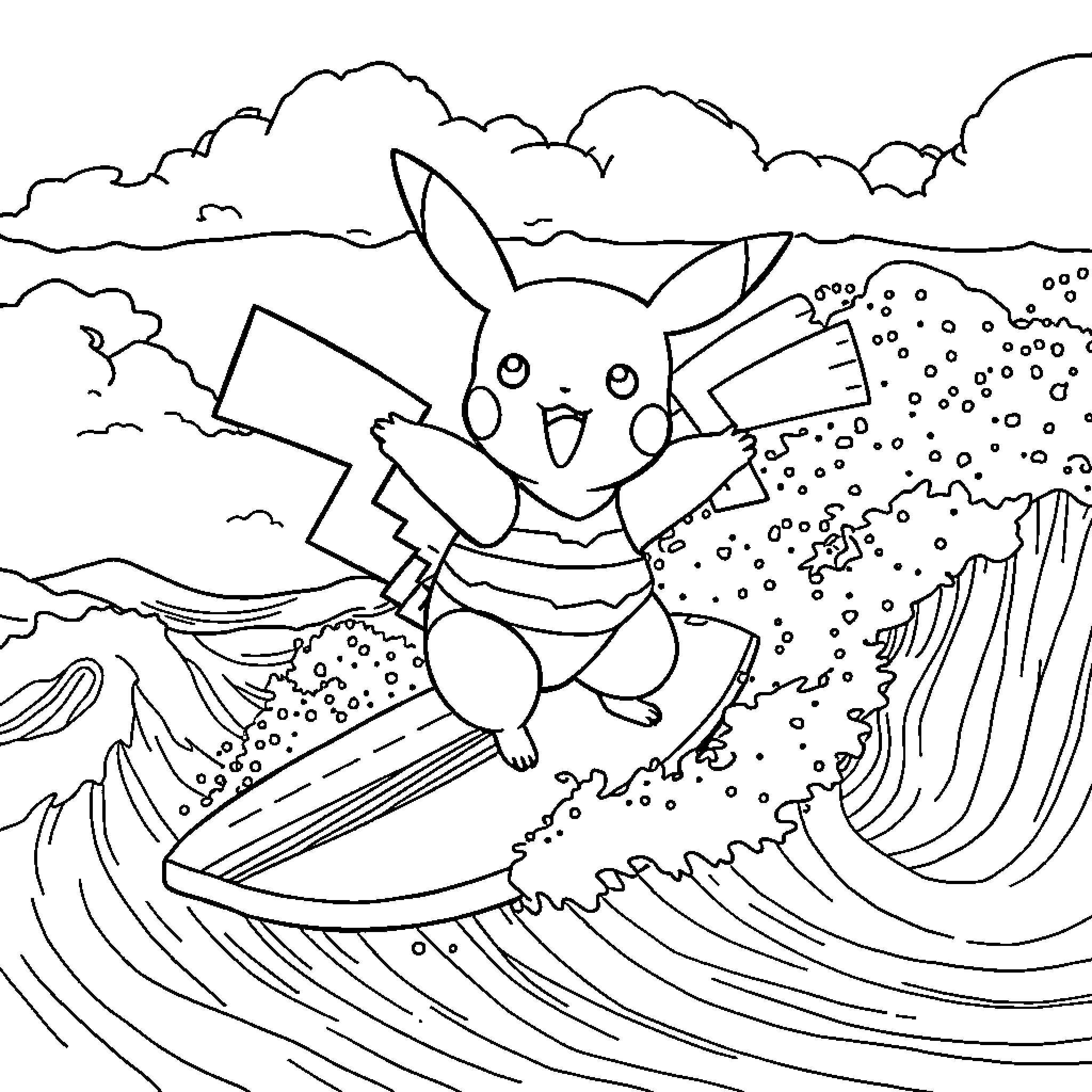 Pikachu surfing on a wave Coloring Page (free black-and-white line drawing printable PDF for all, from beginners to advanced learners, including children, teens, adults, and seniors)