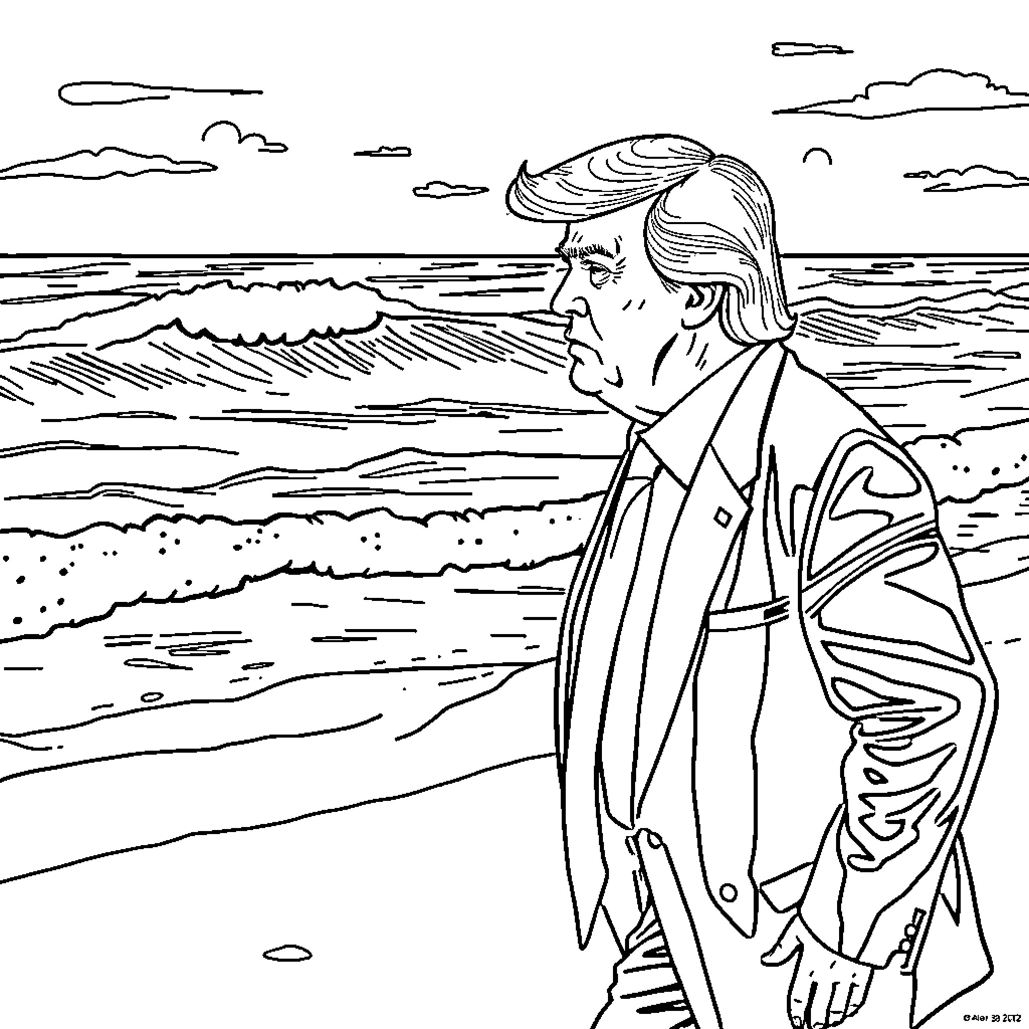 Donald Trump strolling on the beach contemplatively Coloring Page (free black-and-white line drawing printable PDF for all, from beginners to advanced learners, including children, teens, adults, and seniors)