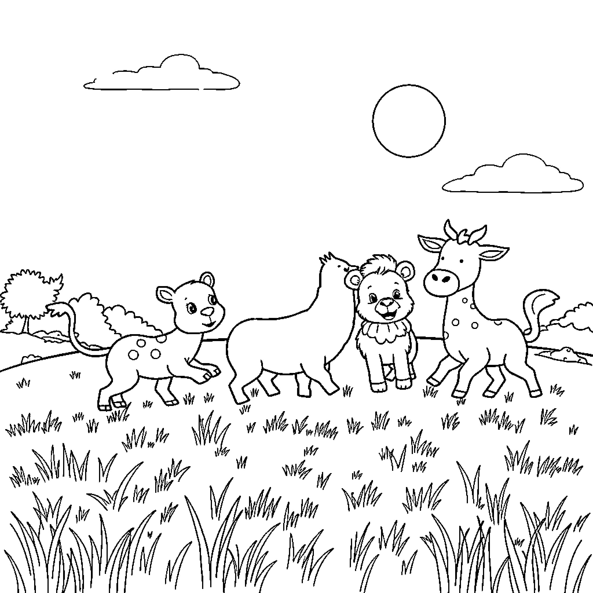 Animal friends playing in the countryside Coloring Page (free black-and-white line drawing printable PDF for all, from beginners to advanced learners, including children, teens, adults, and seniors)
