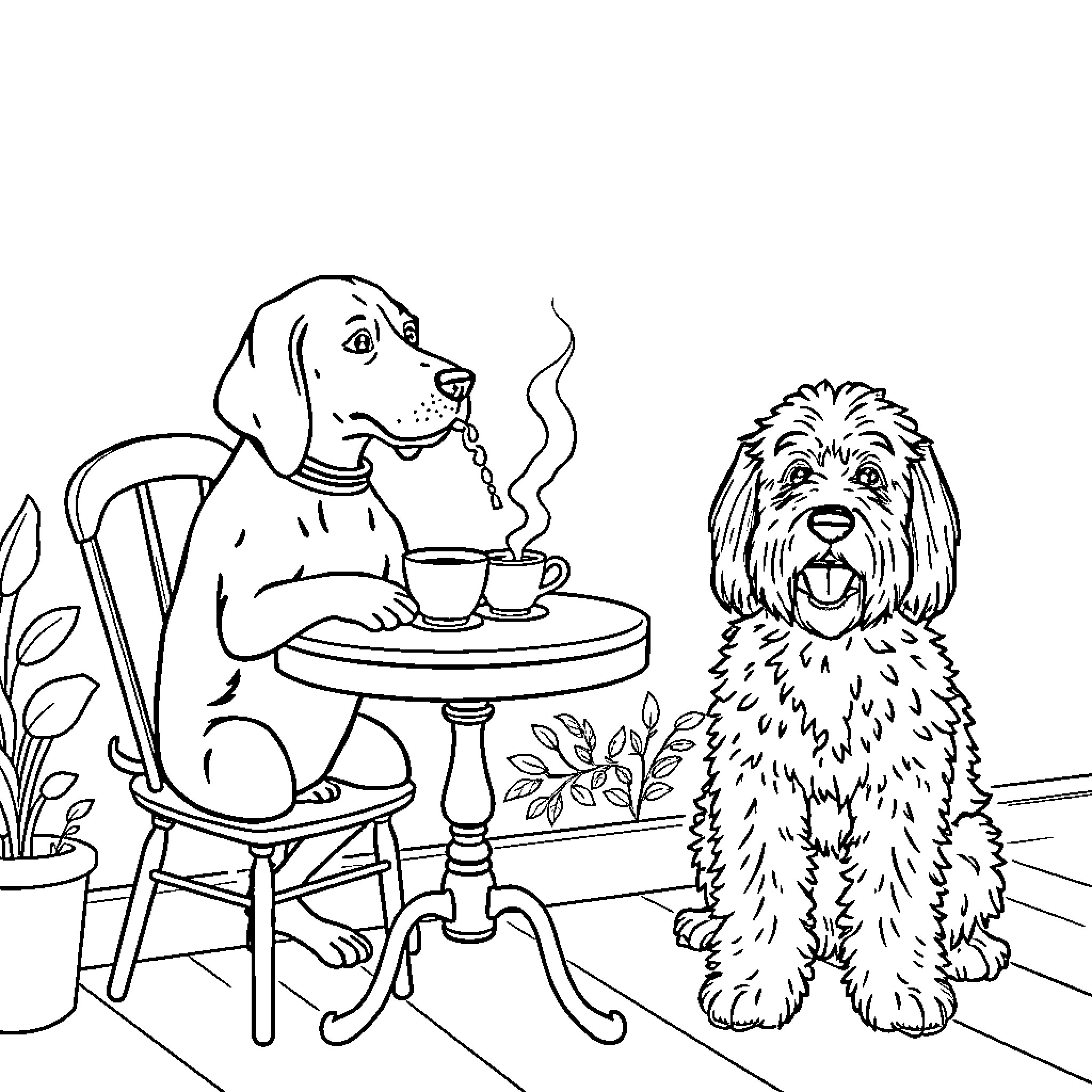 Beagle enjoys a cozy beverage with canine companion Coloring Page (free black-and-white line drawing printable PDF for all, from beginners to advanced learners, including children, teens, adults, and seniors)
