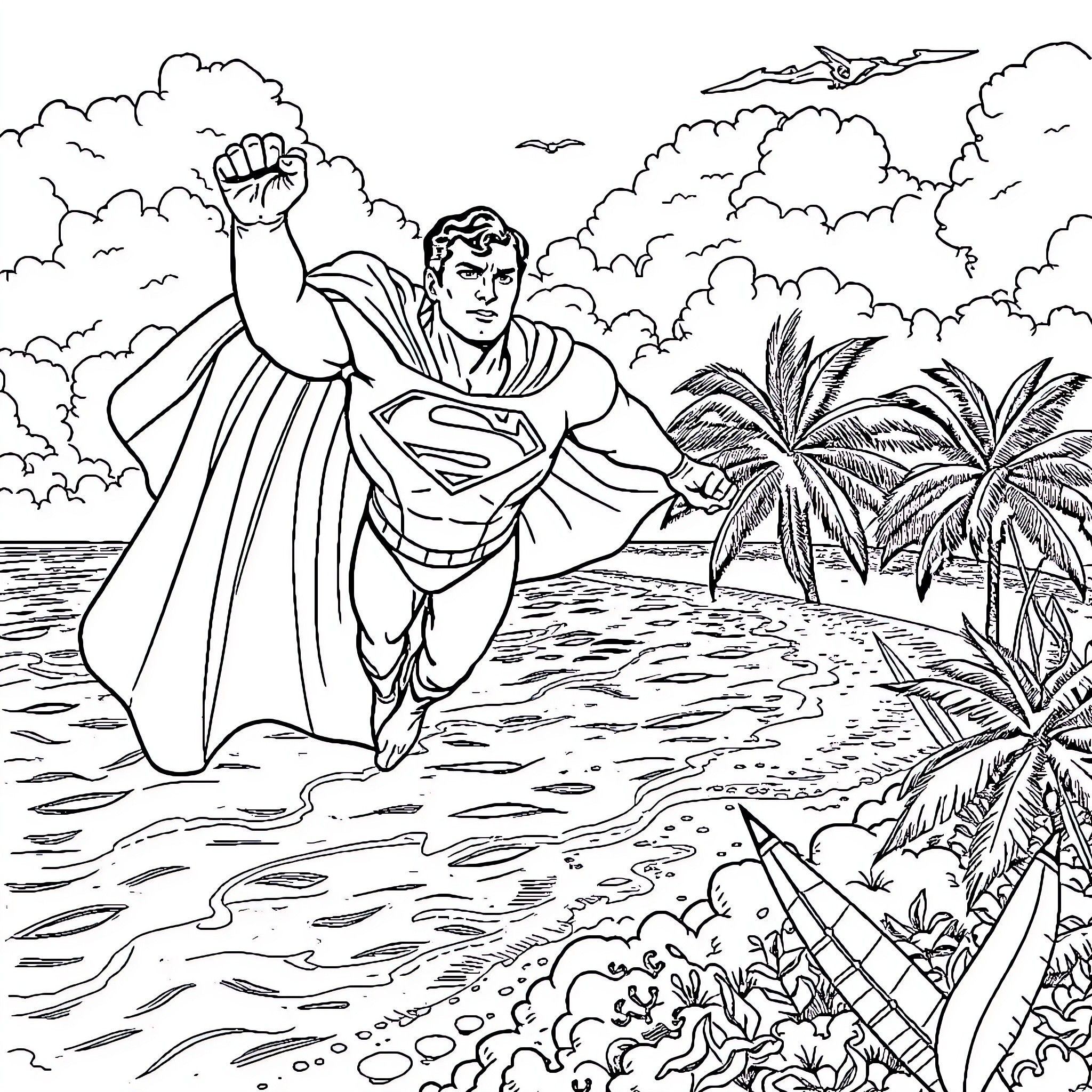 Superman rescuing people in a tropical paradise Coloring Page (free black-and-white line drawing printable PDF for all, from beginners to advanced learners, including children, teens, adults, and seniors)