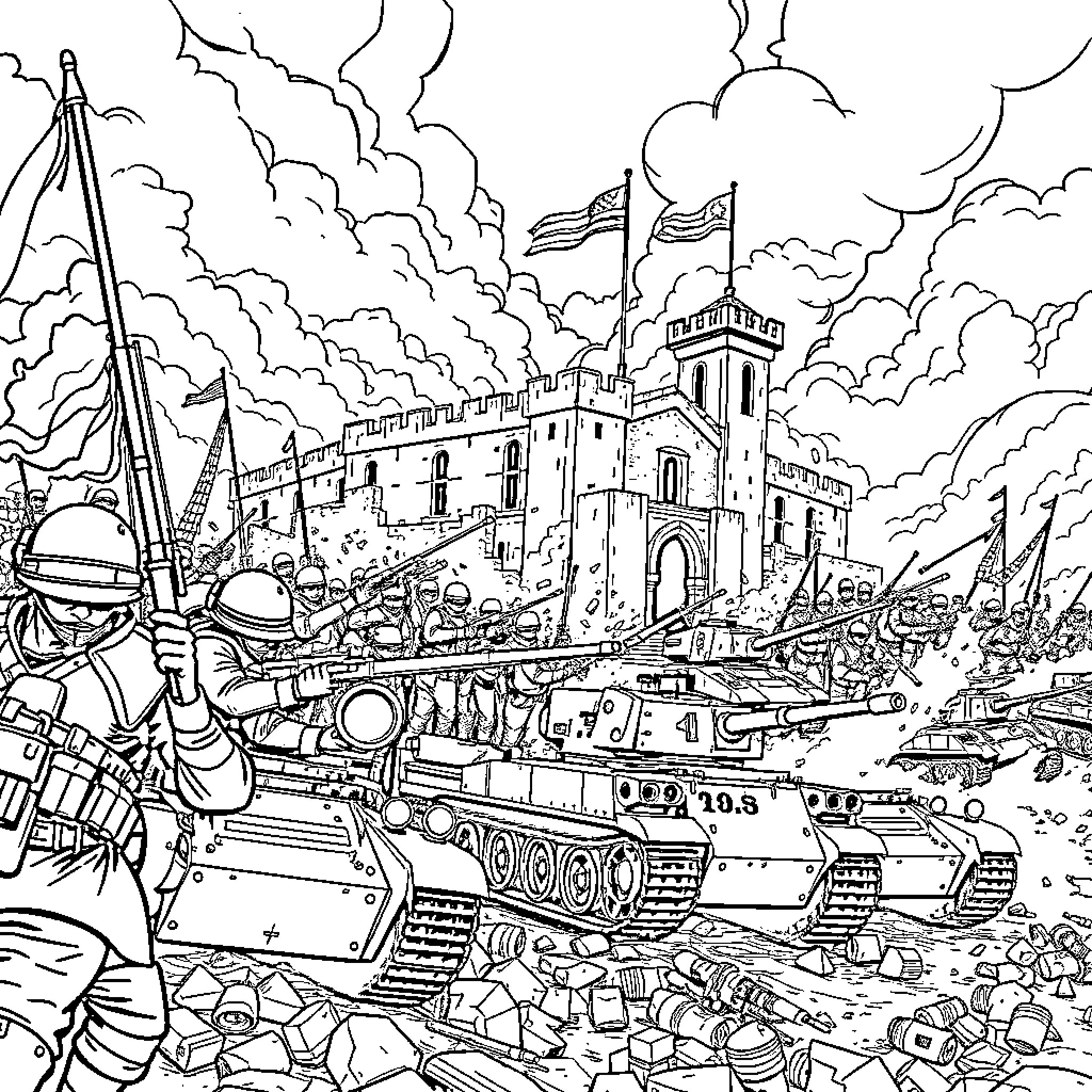 Zeon Forces Advancing Through Ruined City Coloring Page (free black-and-white line drawing printable PDF for all, from beginners to advanced learners, including children, teens, adults, and seniors)