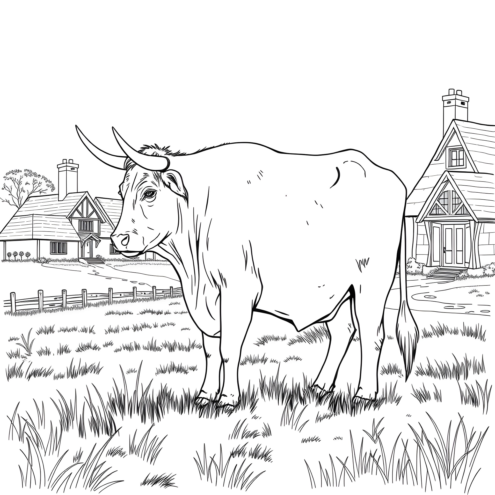 Ox grazing peacefully in the countryside Coloring Page (free black-and-white line drawing printable PDF for all, from beginners to advanced learners, including children, teens, adults, and seniors)