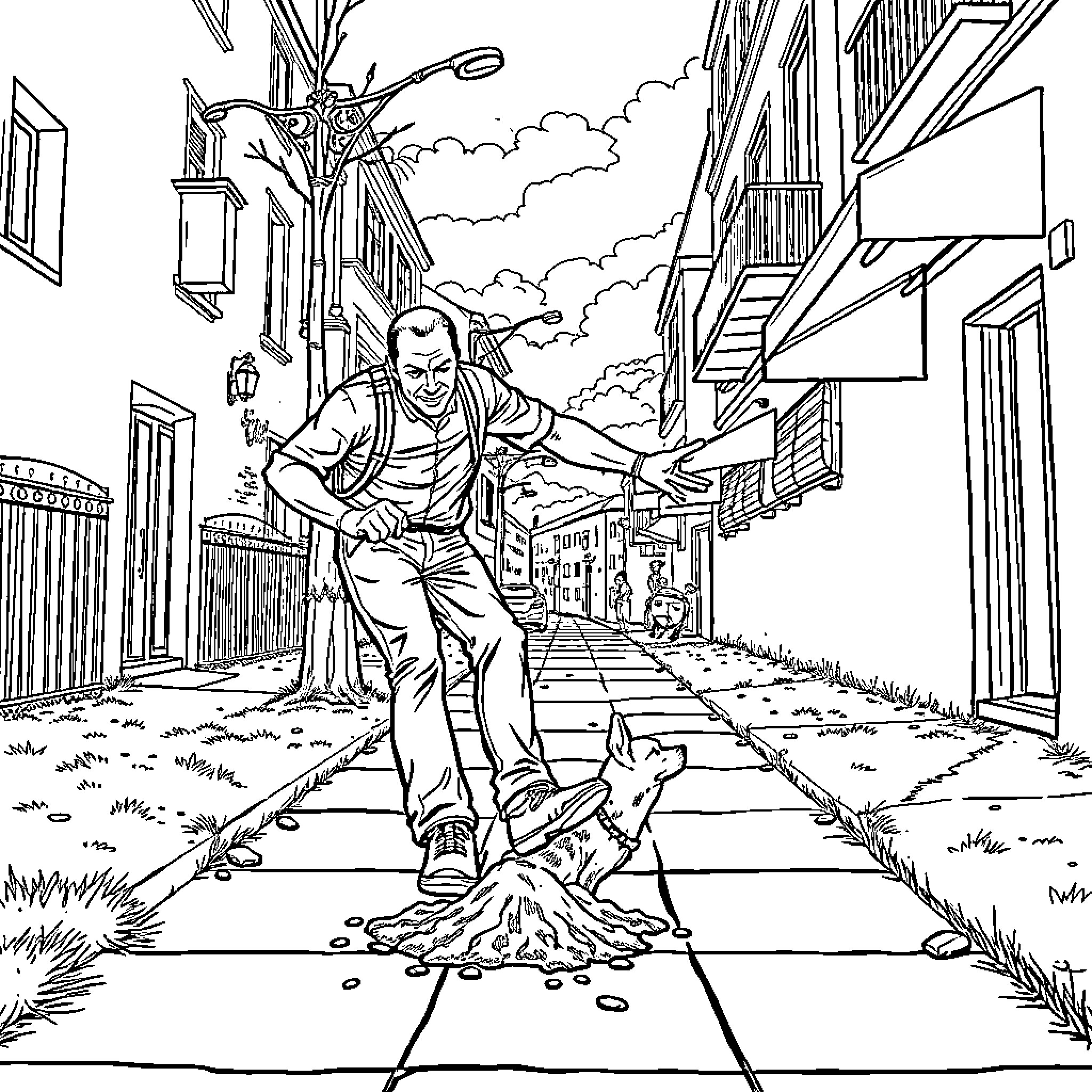 Man walking down an urban alley Coloring Page (free black-and-white line drawing printable PDF for all, from beginners to advanced learners, including children, teens, adults, and seniors)