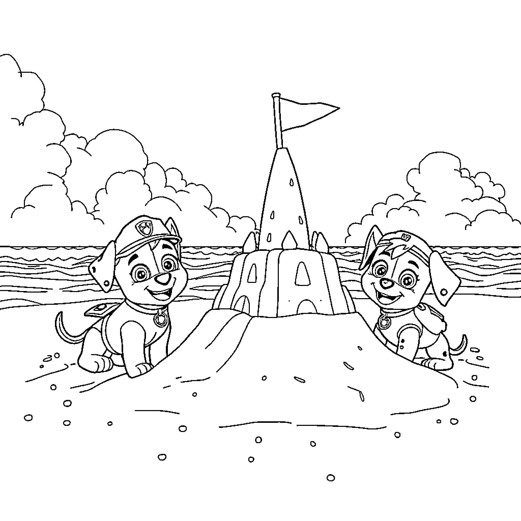 Paw Patrol playing on the beach with sandcastle Coloring Page (free black-and-white line drawing printable PDF for all, from beginners to advanced learners, including children, teens, adults, and seniors)