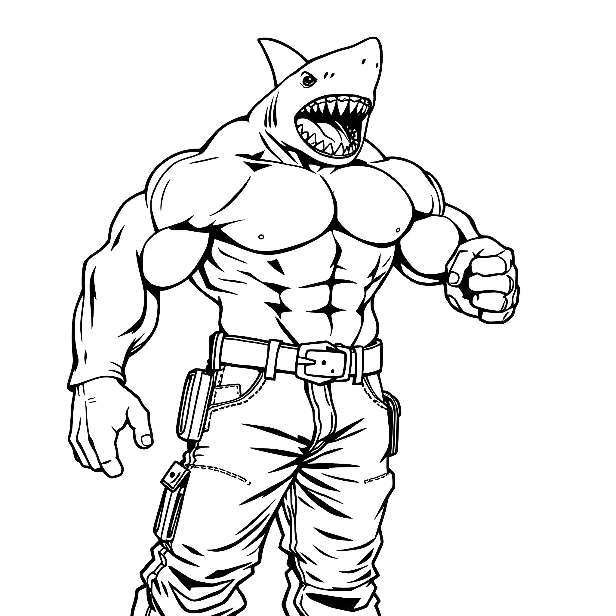 Shark warrior with clenched fists Coloring Page (free black-and-white line drawing printable PDF for all, from beginners to advanced learners, including children, teens, adults, and seniors)
