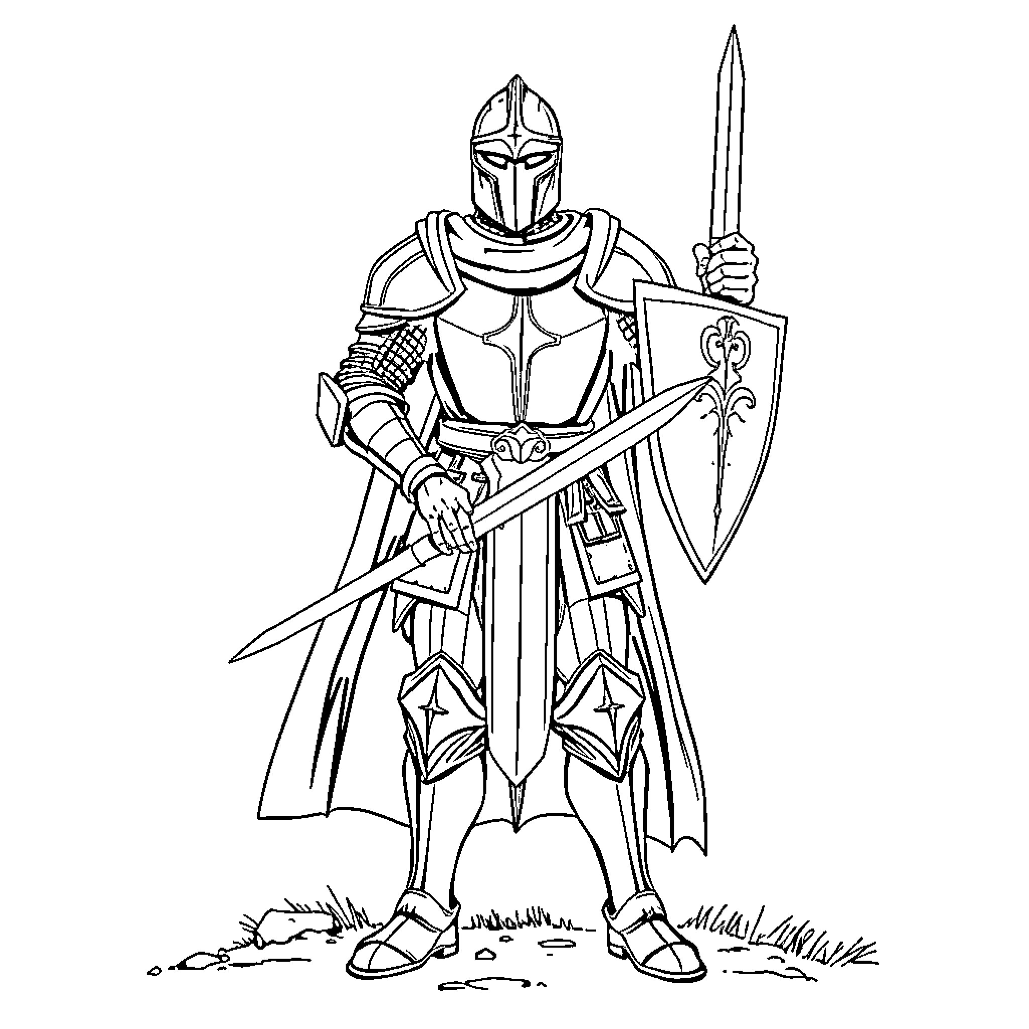 Knight in Shining Armor with Sword and Shield Coloring Page (free black-and-white line drawing printable PDF for all, from beginners to advanced learners, including children, teens, adults, and seniors)