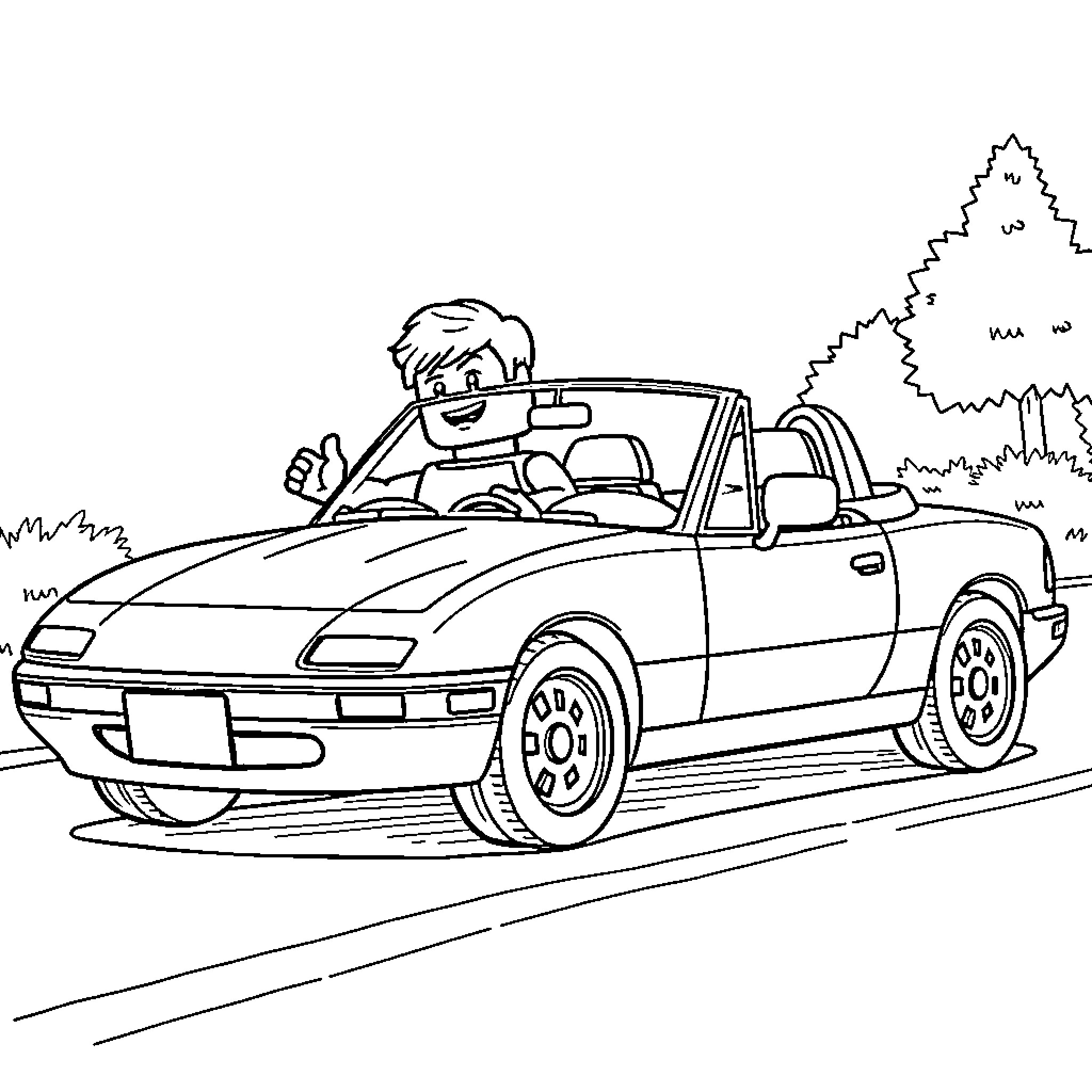 Lego Man driving a sports car on the road Coloring Page (free black-and-white line drawing printable PDF for all, from beginners to advanced learners, including children, teens, adults, and seniors)