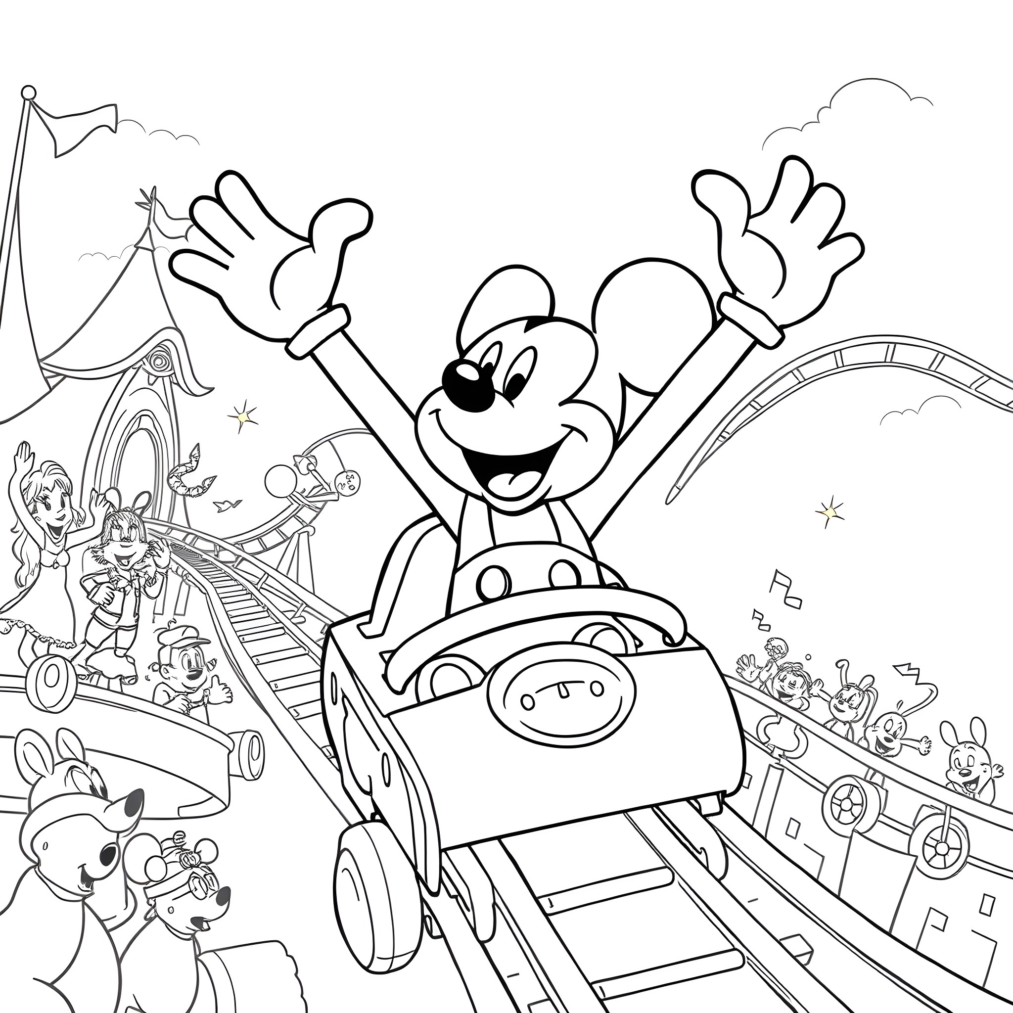Mickey Mouse enjoying a thrilling roller coaster ride Coloring Page (free black-and-white line drawing printable PDF for all, from beginners to advanced learners, including children, teens, adults, and seniors)