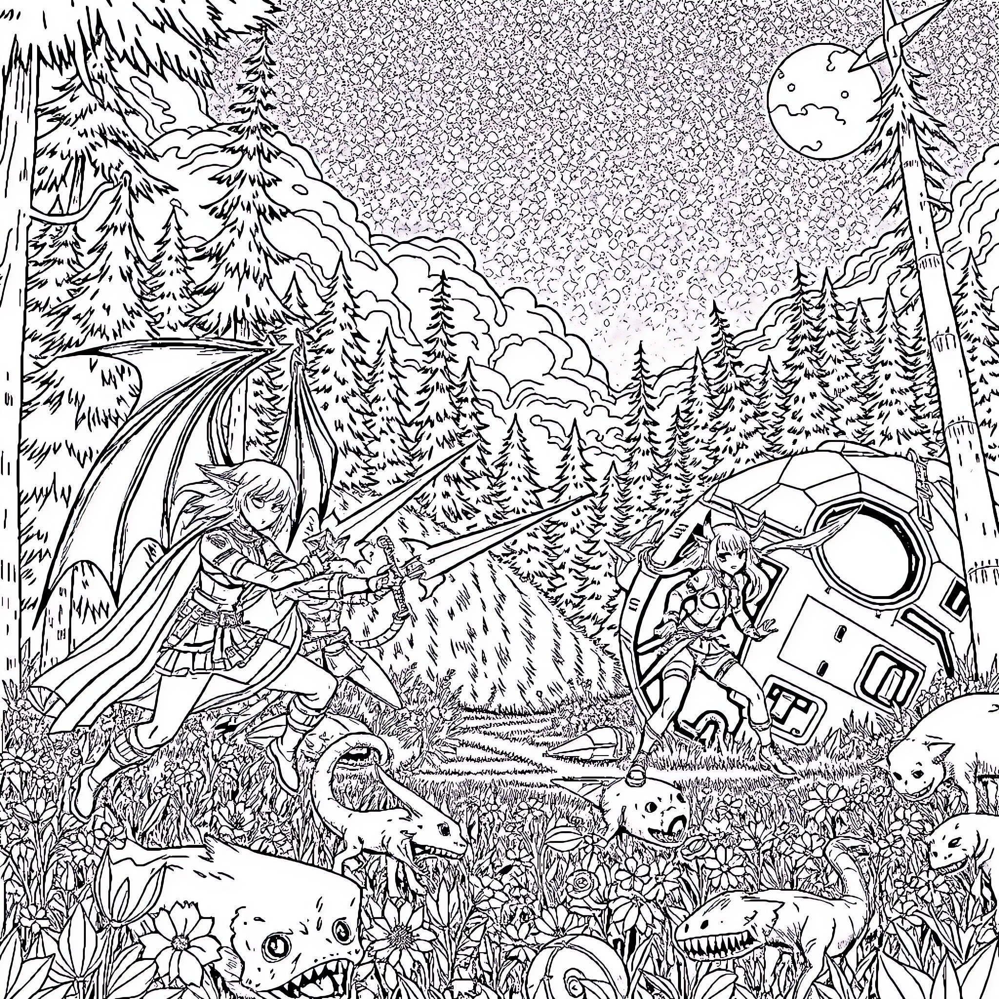 Demon Hunter Battles Mythical Creatures in Enchanted Forest Coloring Page (free black-and-white line drawing printable PDF for all, from beginners to advanced learners, including children, teens, adults, and seniors)
