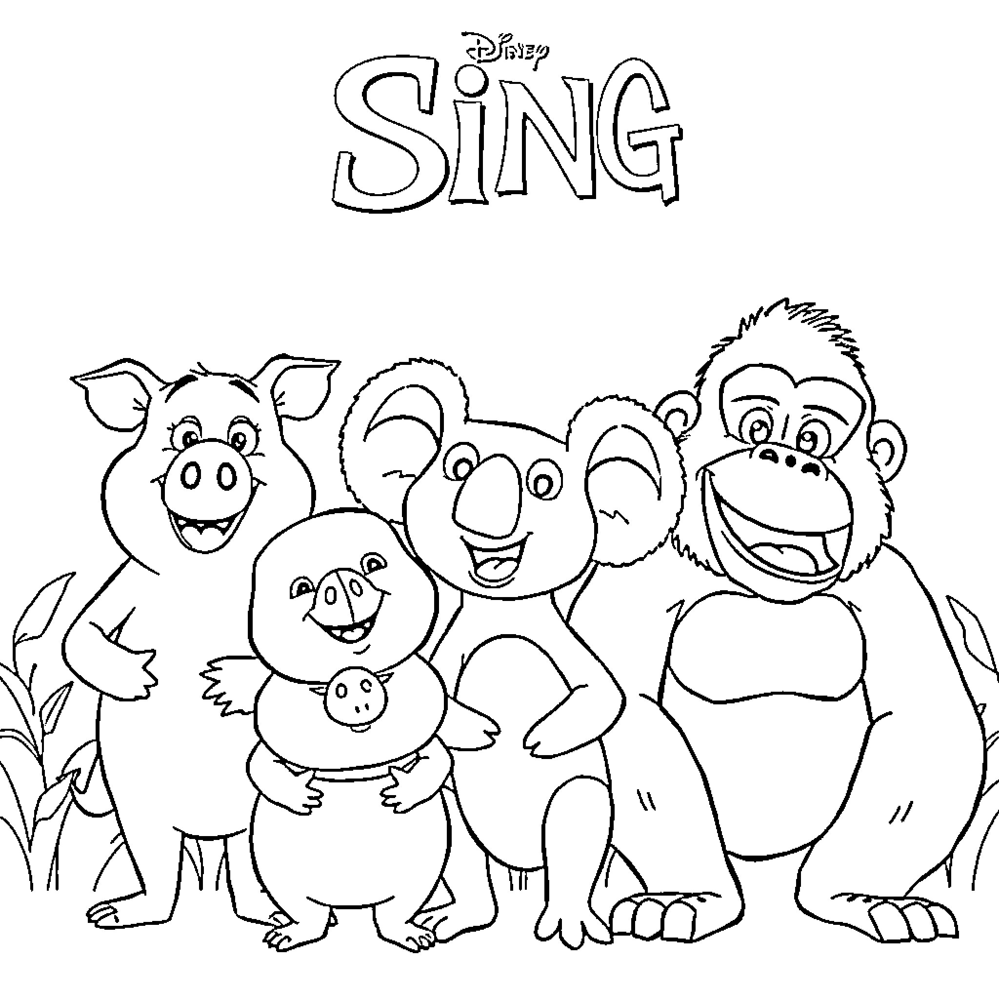 Sing together with animated animal characters Coloring Page (free black-and-white line drawing printable PDF for all, from beginners to advanced learners, including children, teens, adults, and seniors)