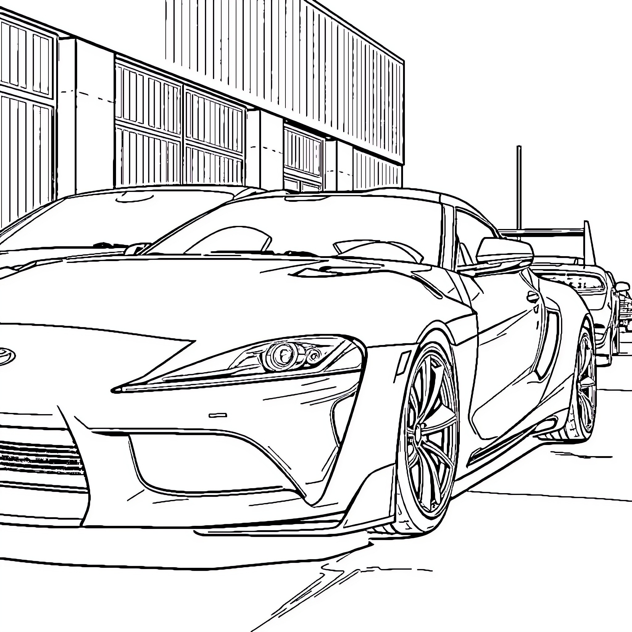 Car parked in front of industrial building Coloring Page (free black-and-white line drawing printable PDF for all, from beginners to advanced learners, including children, teens, adults, and seniors)