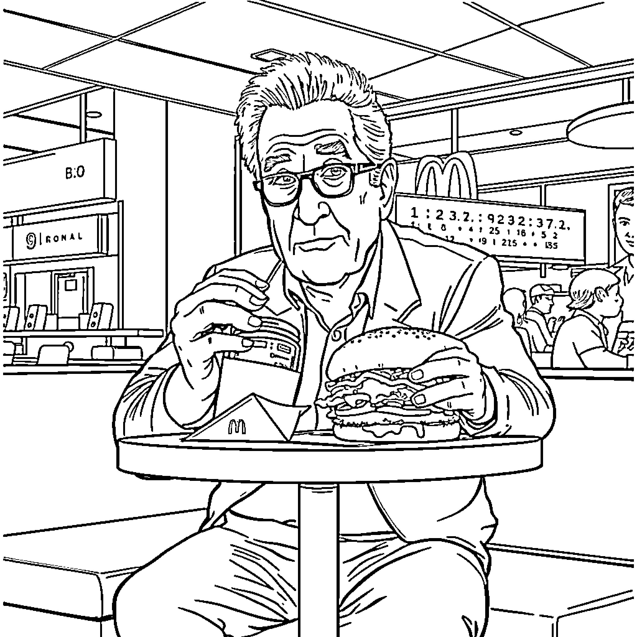 Robert De Niro enjoying a burger in a diner Coloring Page (free black-and-white line drawing printable PDF for all, from beginners to advanced learners, including children, teens, adults, and seniors)
