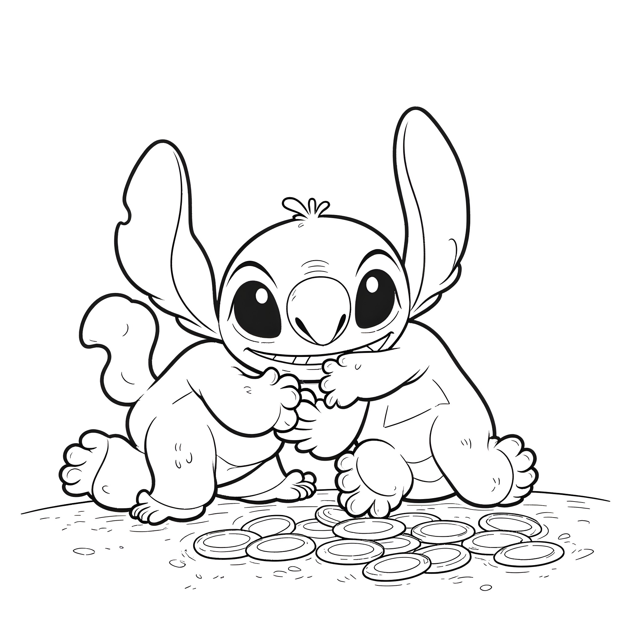 Mr. Krabs Playfully Collecting Coins Coloring Page (free black-and-white line drawing printable PDF for all, from beginners to advanced learners, including children, teens, adults, and seniors)