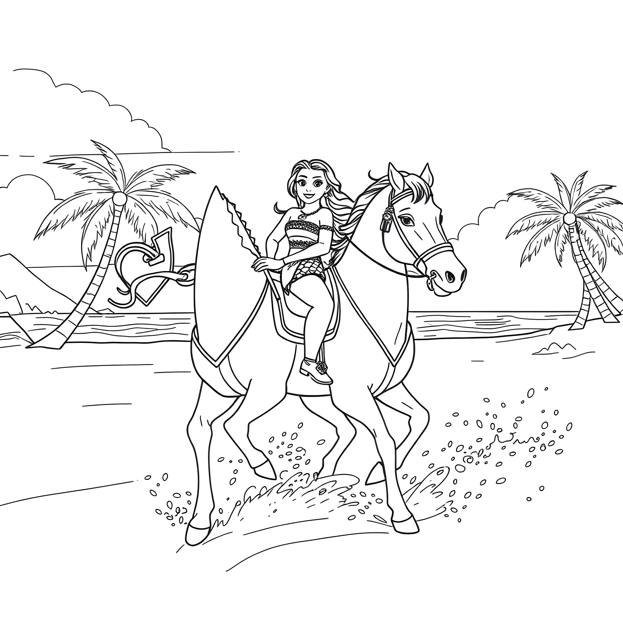 Moana riding a horse on the beach Coloring Page (free black-and-white line drawing printable PDF for all, from beginners to advanced learners, including children, teens, adults, and seniors)