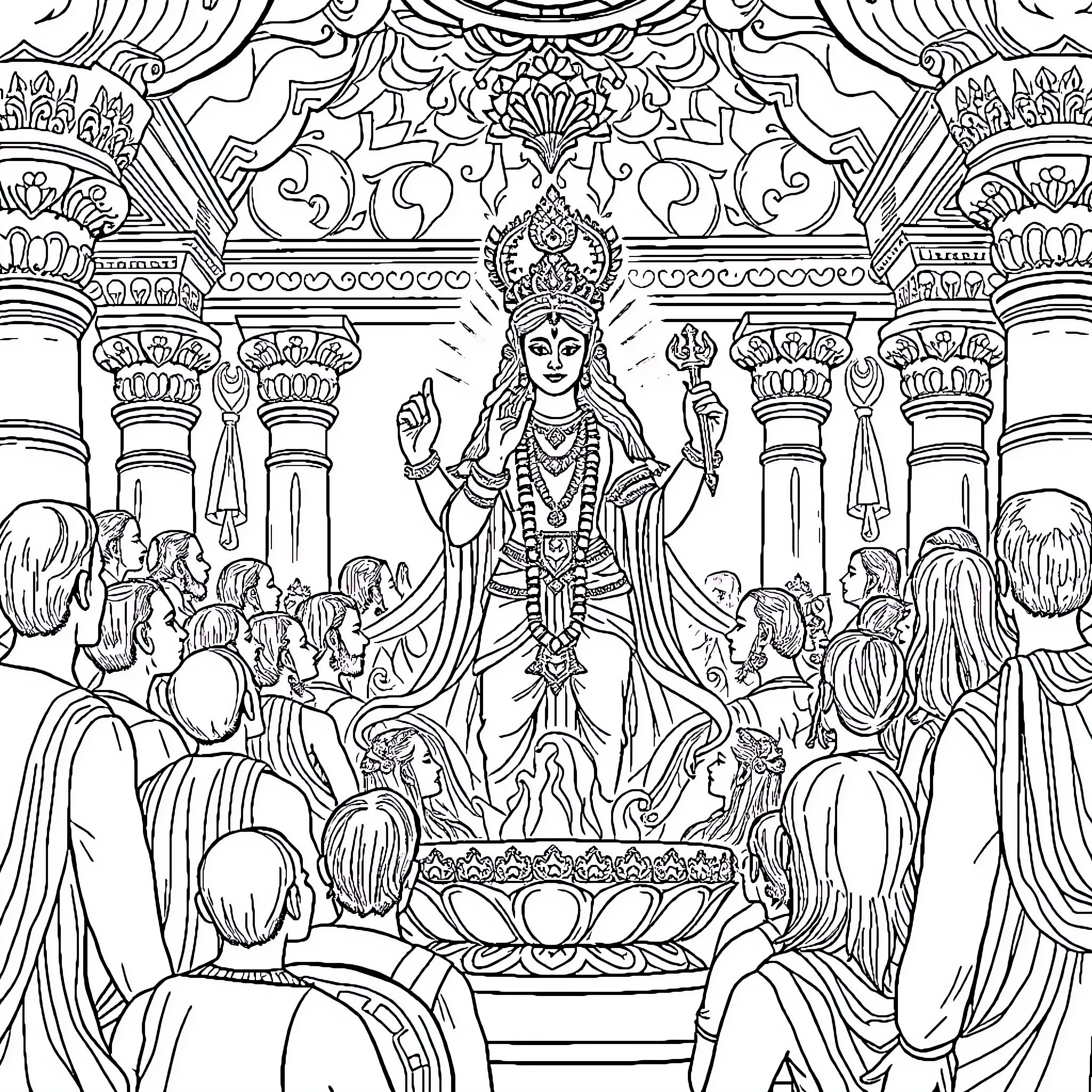 Goddess presiding over an ornate ceremonial gathering Coloring Page (free black-and-white line drawing printable PDF for all, from beginners to advanced learners, including children, teens, adults, and seniors)
