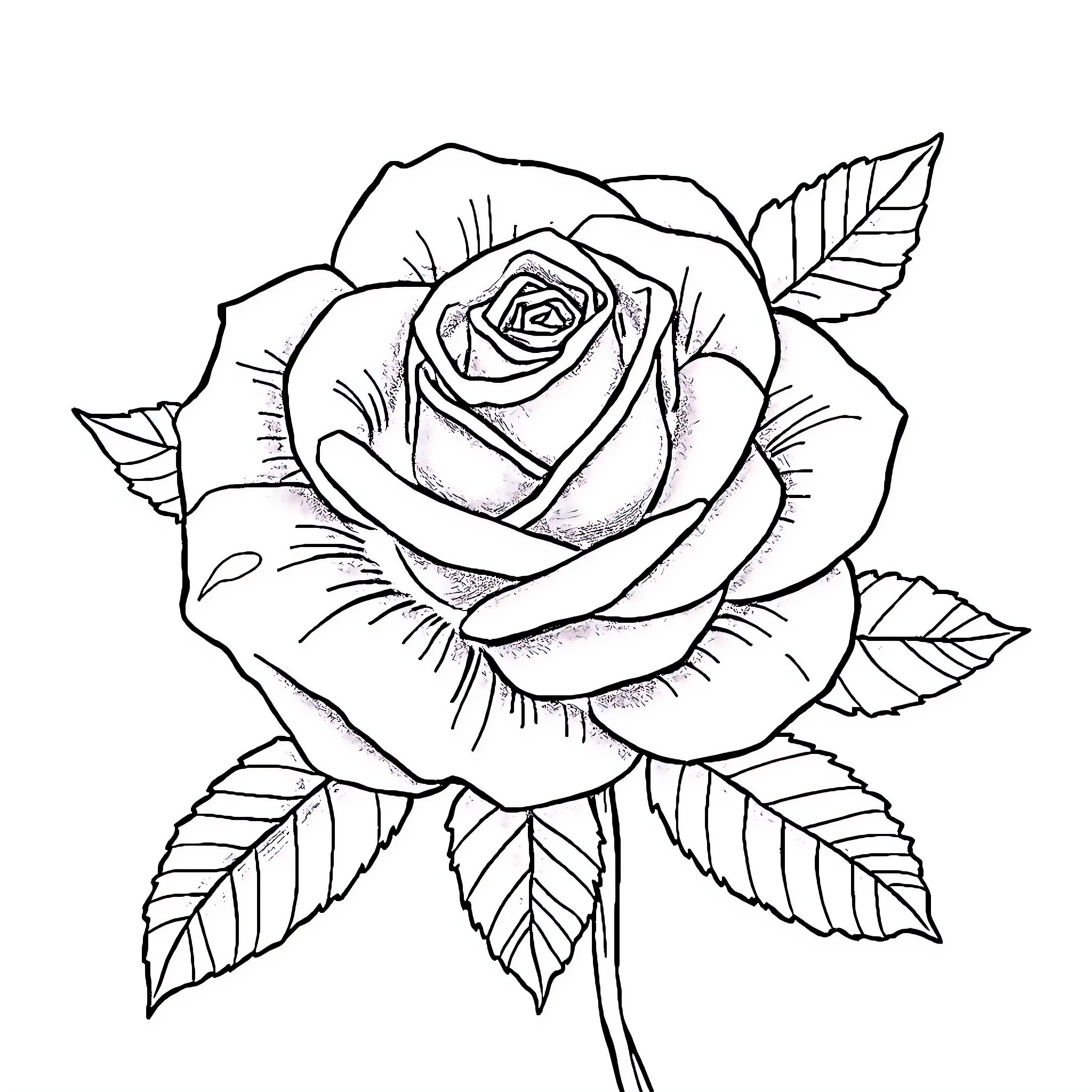 Rose blooming with intricate petals and leaves Coloring Page (free black-and-white line drawing printable PDF for all, from beginners to advanced learners, including children, teens, adults, and seniors)