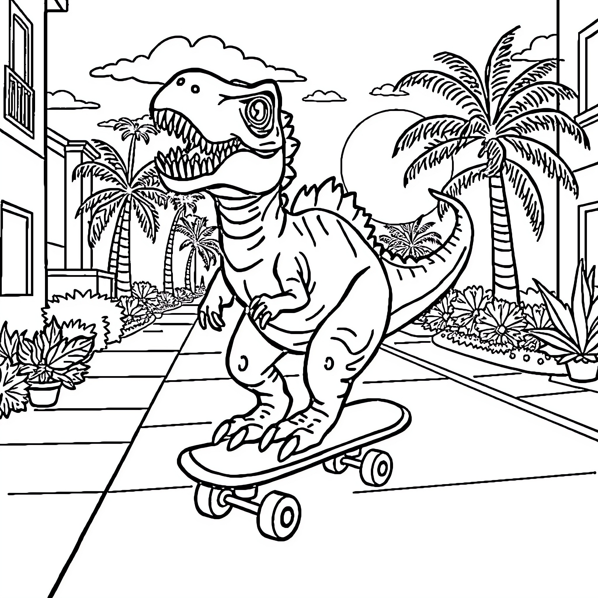 Dinosaur Riding Skateboard in Tropical Setting Coloring Page (free black-and-white line drawing printable PDF for all, from beginners to advanced learners, including children, teens, adults, and seniors)