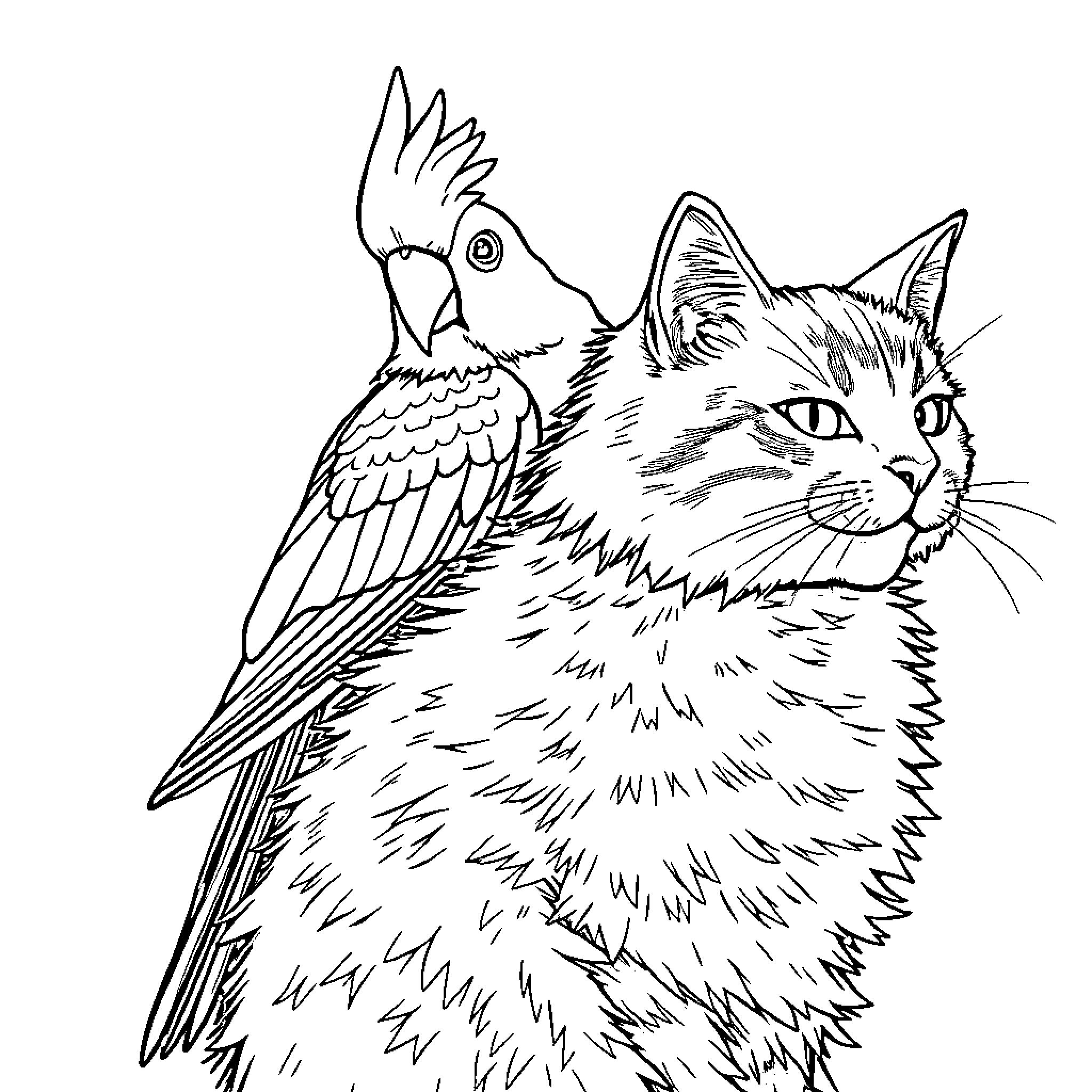 Cockatiel perched on a curious cat Coloring Page (free black-and-white line drawing printable PDF for all, from beginners to advanced learners, including children, teens, adults, and seniors)