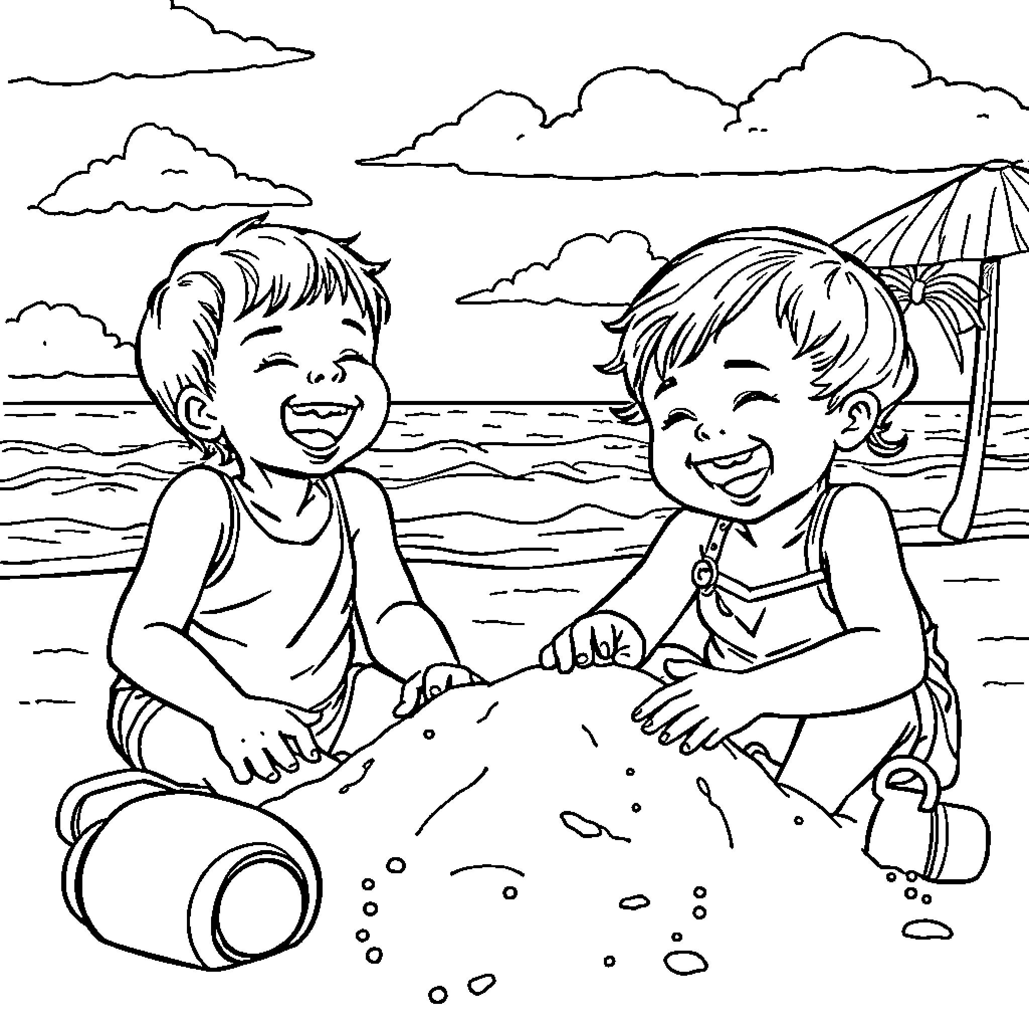 Children playing happily at the beach Coloring Page (free black-and-white line drawing printable PDF for all, from beginners to advanced learners, including children, teens, adults, and seniors)