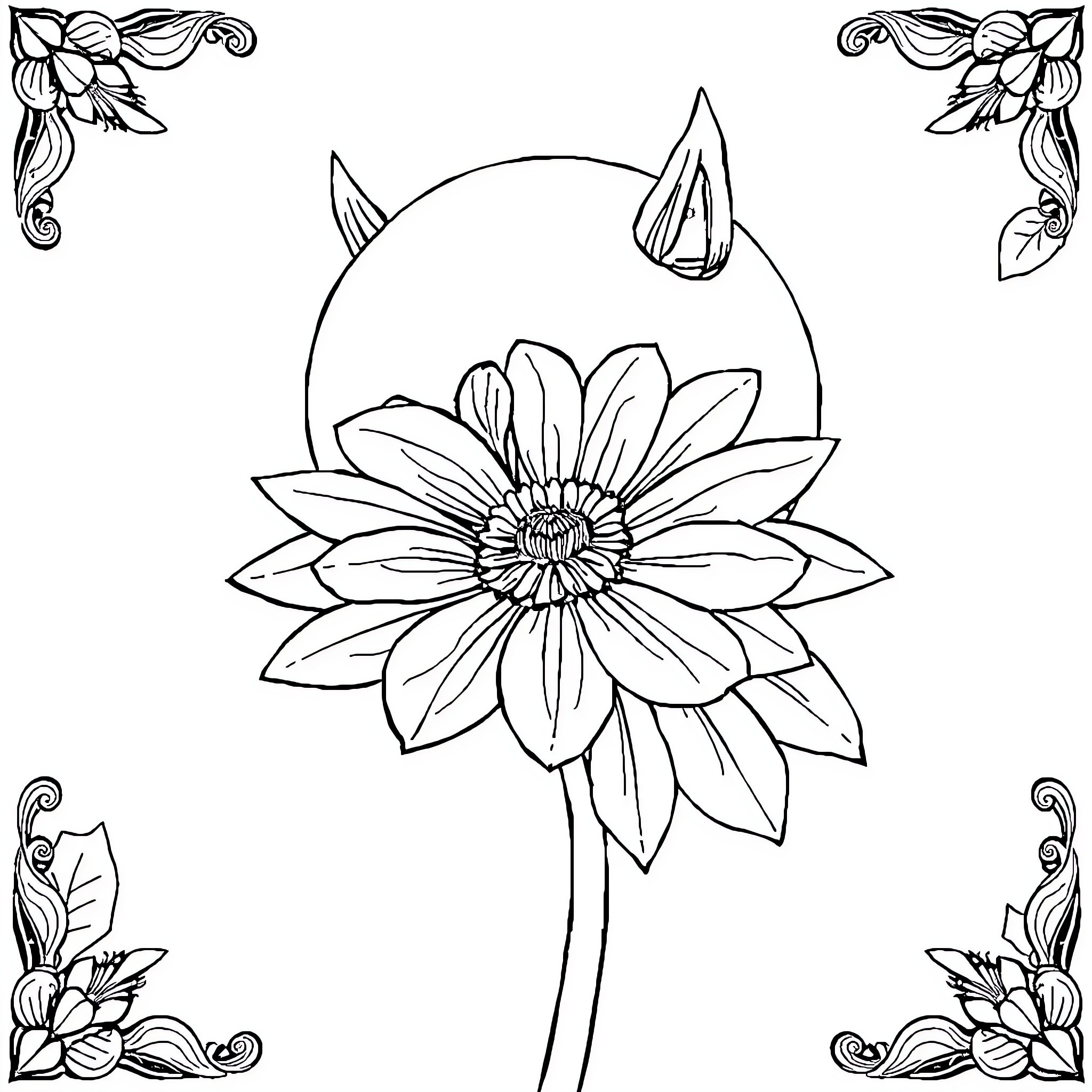 Drawing of a Blooming Flower with Floral Corners Coloring Page (free black-and-white line drawing printable PDF for all, from beginners to advanced learners, including children, teens, adults, and seniors)