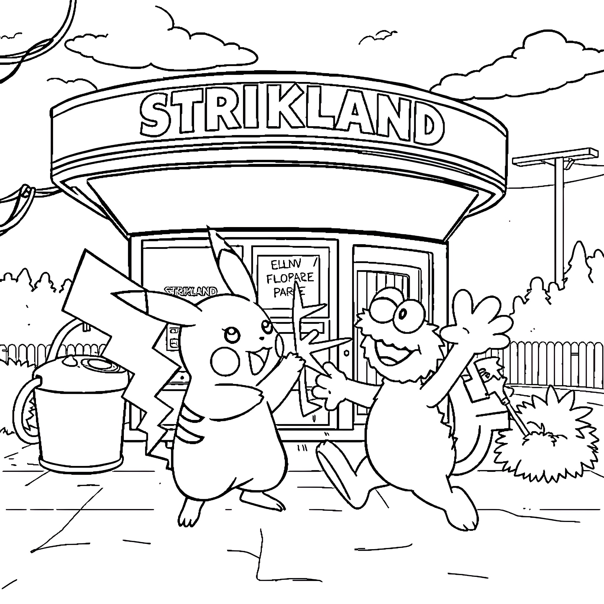 Pikachu and friends exploring Strikland town Coloring Page (free black-and-white line drawing printable PDF for all, from beginners to advanced learners, including children, teens, adults, and seniors)