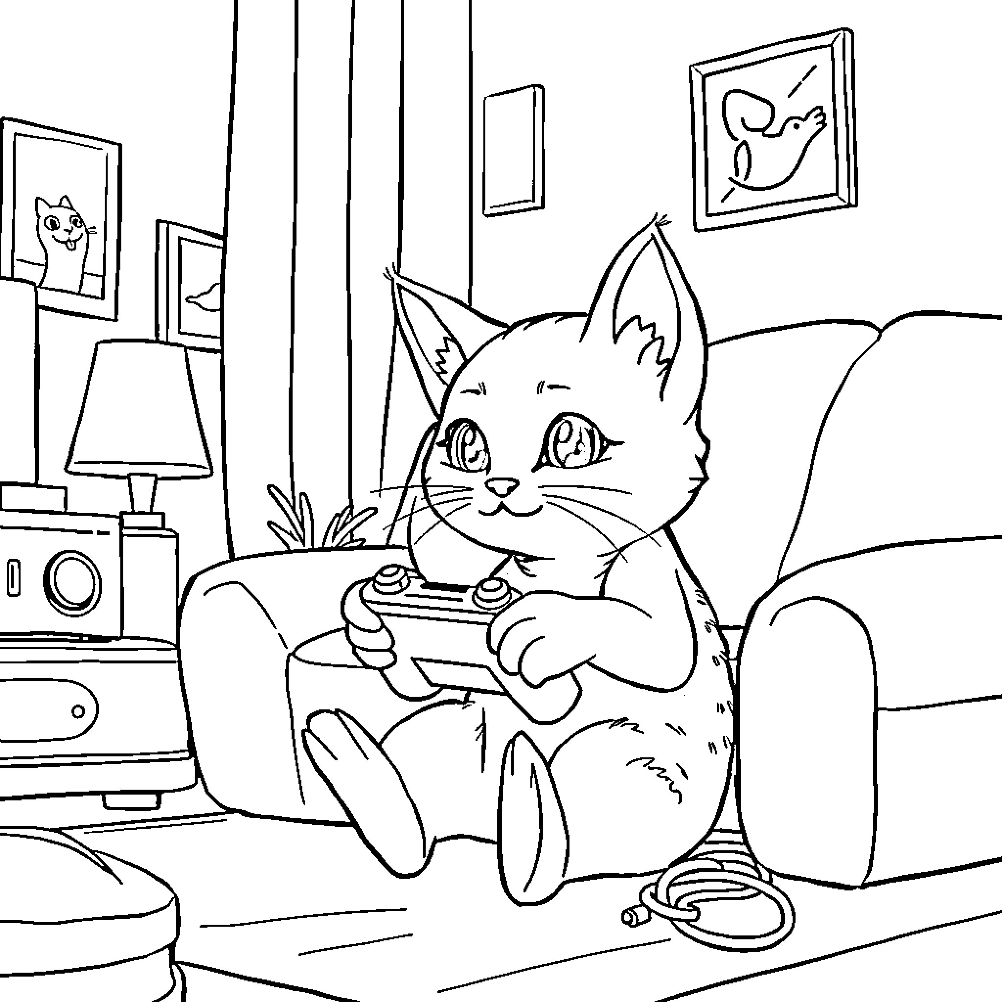 Cat enjoying video game on couch Coloring Page (free black-and-white line drawing printable PDF for all, from beginners to advanced learners, including children, teens, adults, and seniors)
