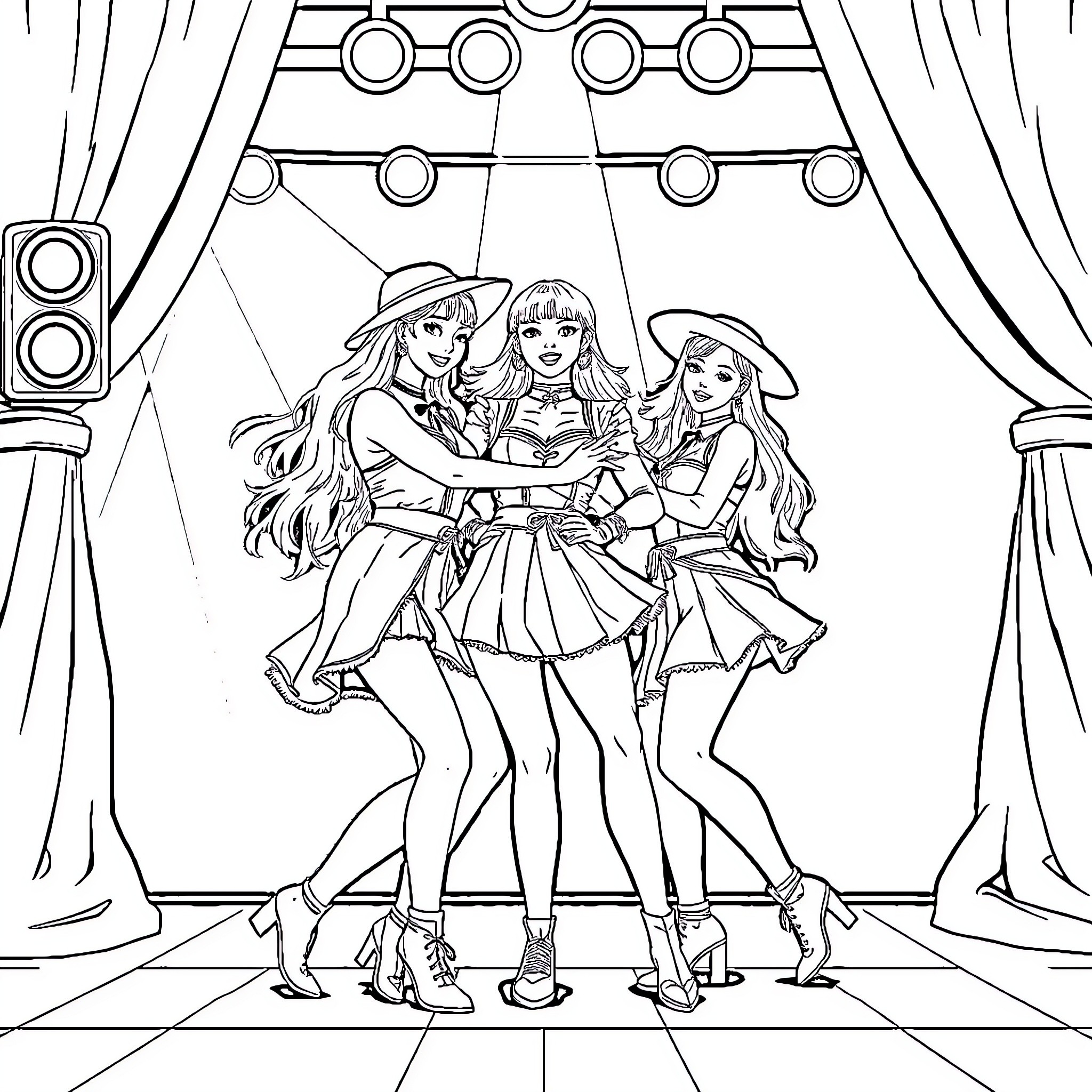 K Pop Warrior Performers on Stage in Glamorous Outfits Coloring Page (free black-and-white line drawing printable PDF for all, from beginners to advanced learners, including children, teens, adults, and seniors)