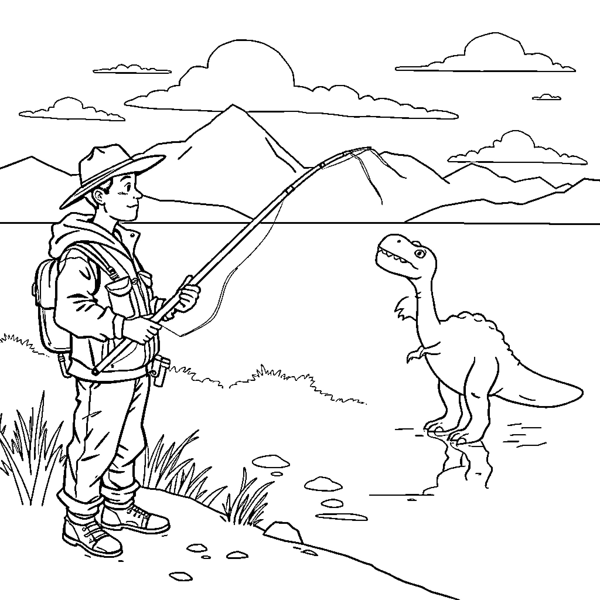 Fisherman enjoys peaceful outdoor adventure with dinosaur Coloring Page (free black-and-white line drawing printable PDF for all, from beginners to advanced learners, including children, teens, adults, and seniors)