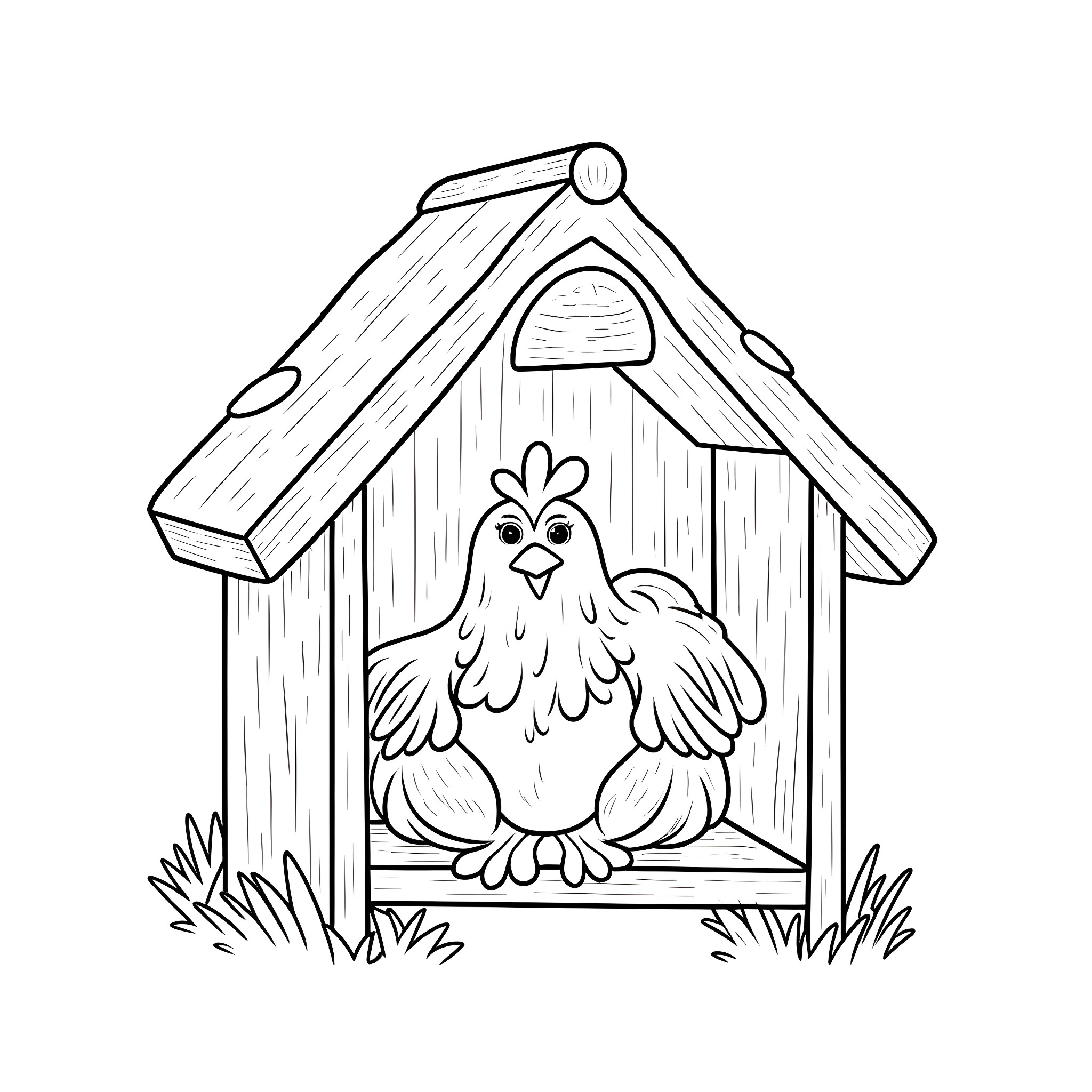 Hen peeking out from a cozy birdhouse Coloring Page (free black-and-white line drawing printable PDF for all, from beginners to advanced learners, including children, teens, adults, and seniors)