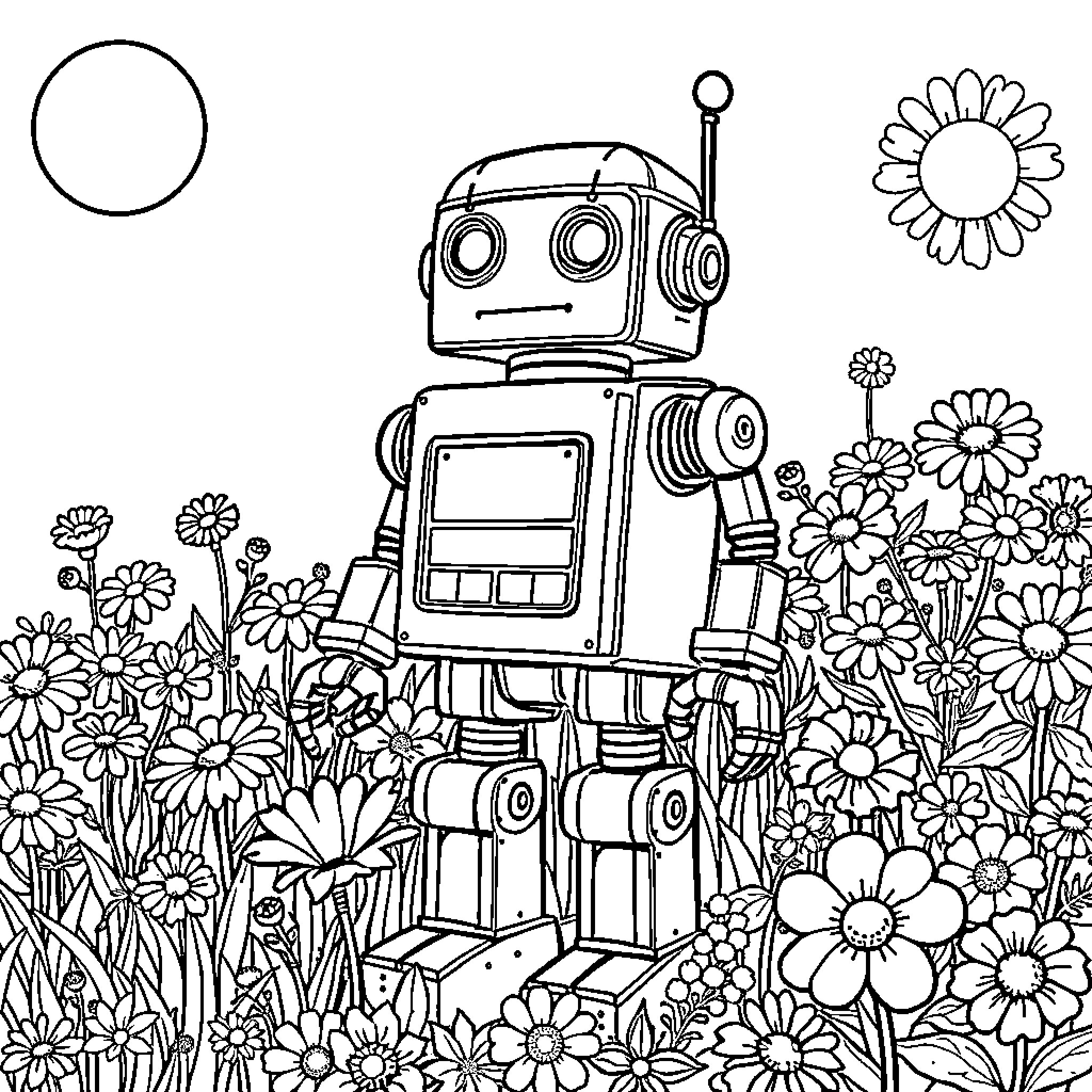 Robot exploring a garden filled with flowers Coloring Page (free black-and-white line drawing printable PDF for all, from beginners to advanced learners, including children, teens, adults, and seniors)