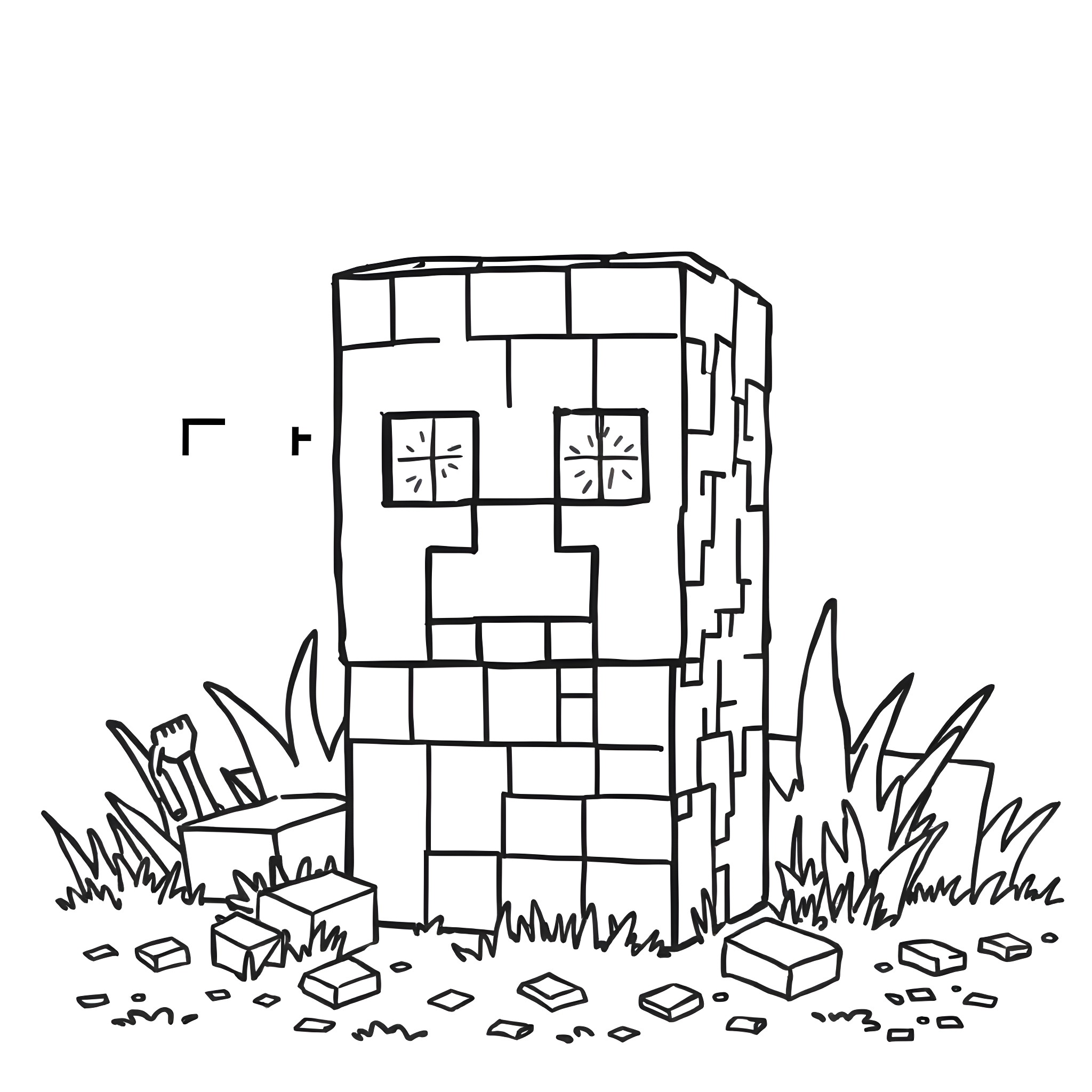 Creeper in blocky landscape with vegetation Coloring Page (free black-and-white line drawing printable PDF for all, from beginners to advanced learners, including children, teens, adults, and seniors)