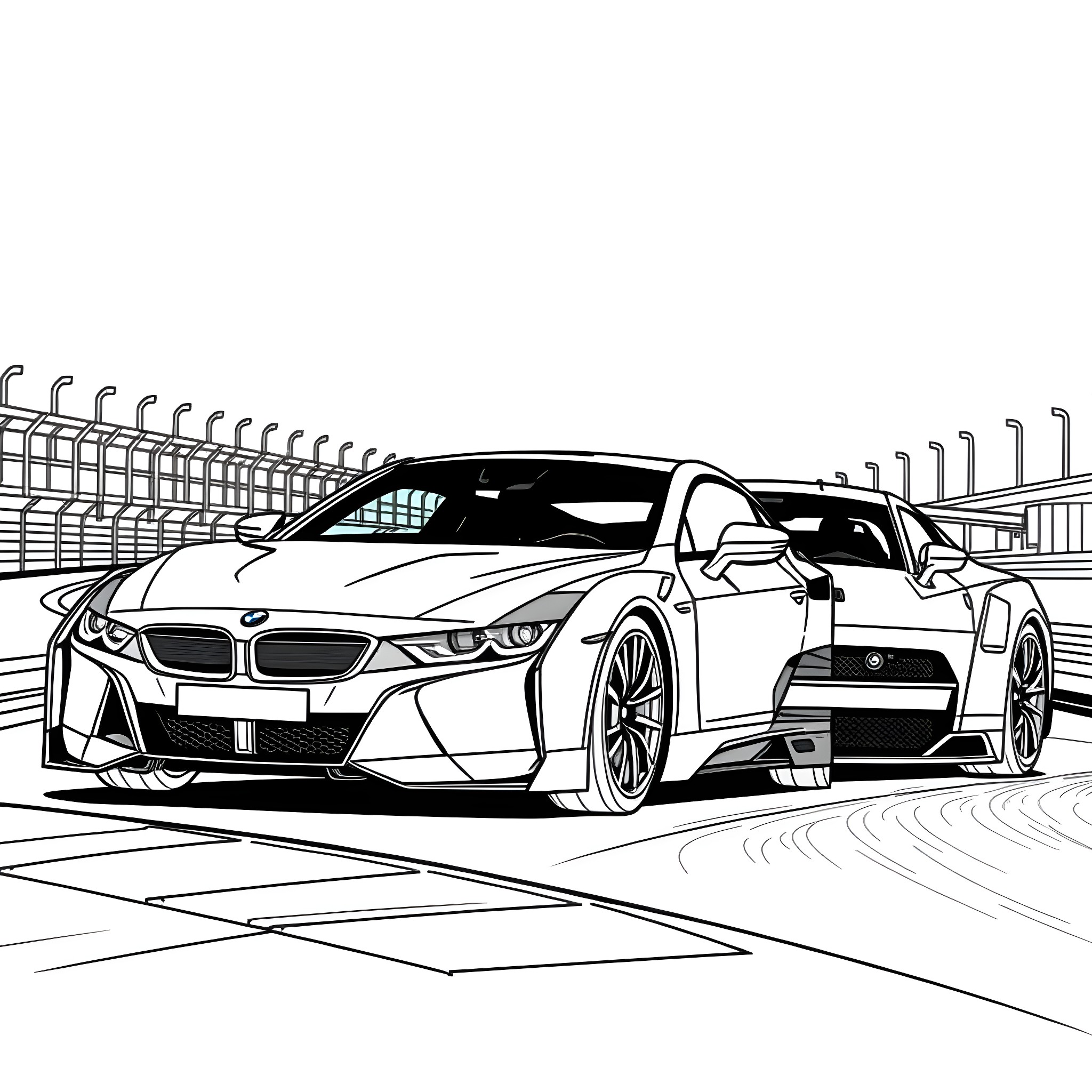 Car racing on a track with futuristic design Coloring Page (free black-and-white line drawing printable PDF for all, from beginners to advanced learners, including children, teens, adults, and seniors)