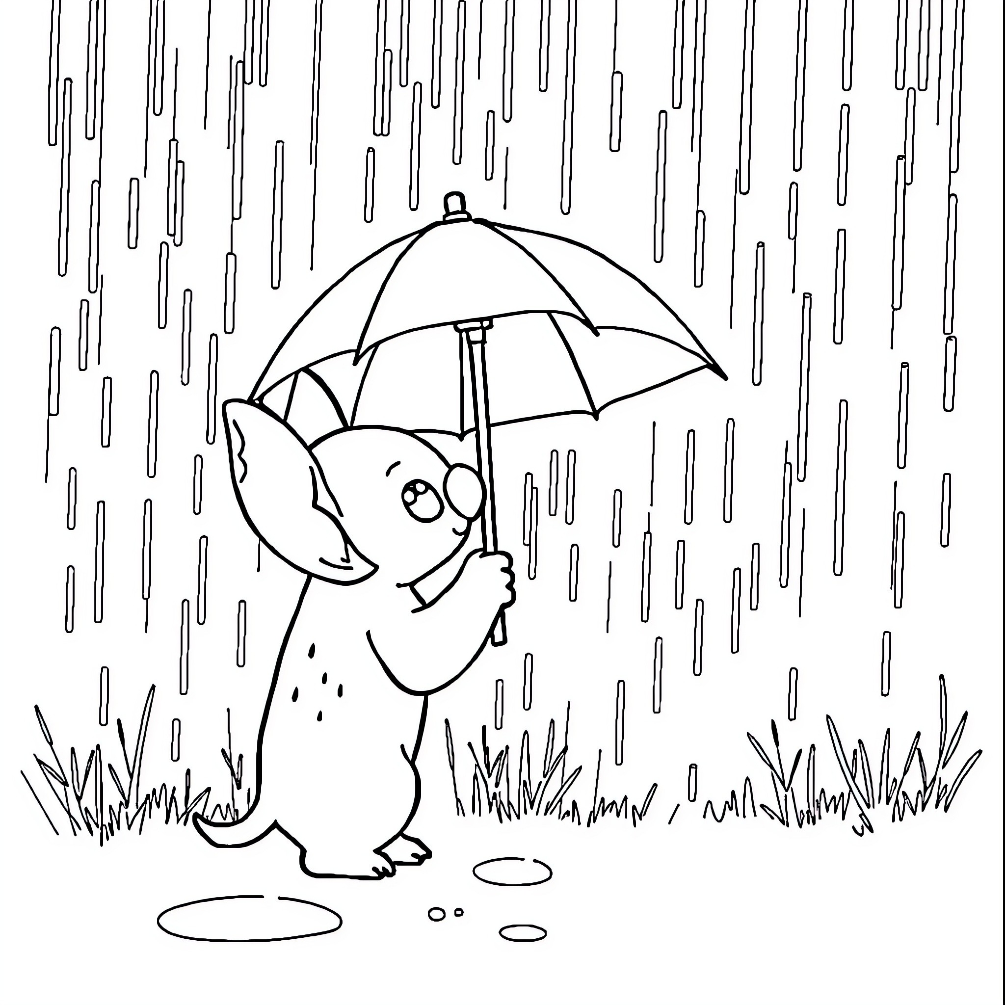 Stitch playing in the rain with umbrella Coloring Page (free black-and-white line drawing printable PDF for all, from beginners to advanced learners, including children, teens, adults, and seniors)