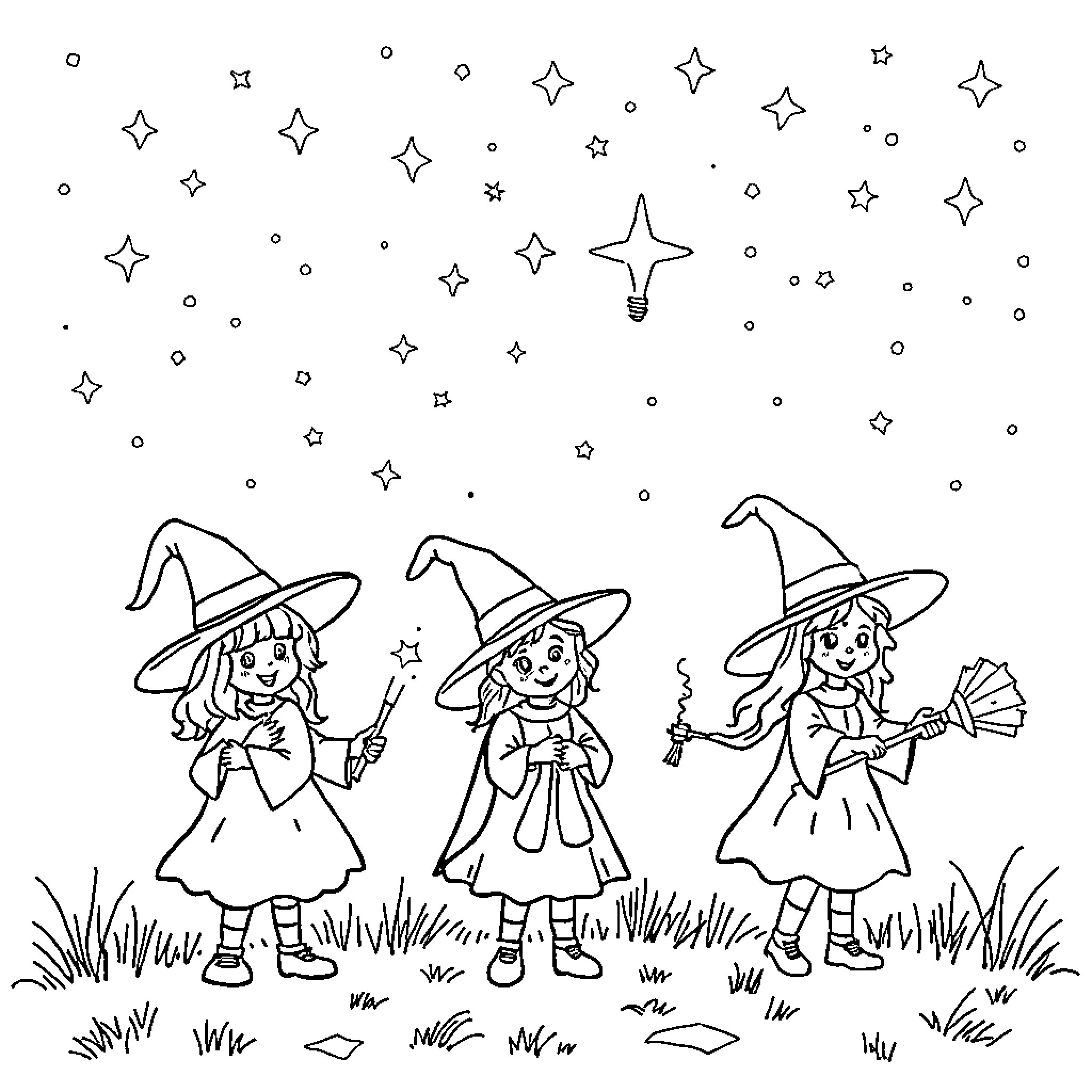 Child Witches Playing and Casting Spells Coloring Page (free black-and-white line drawing printable PDF for all, from beginners to advanced learners, including children, teens, adults, and seniors)