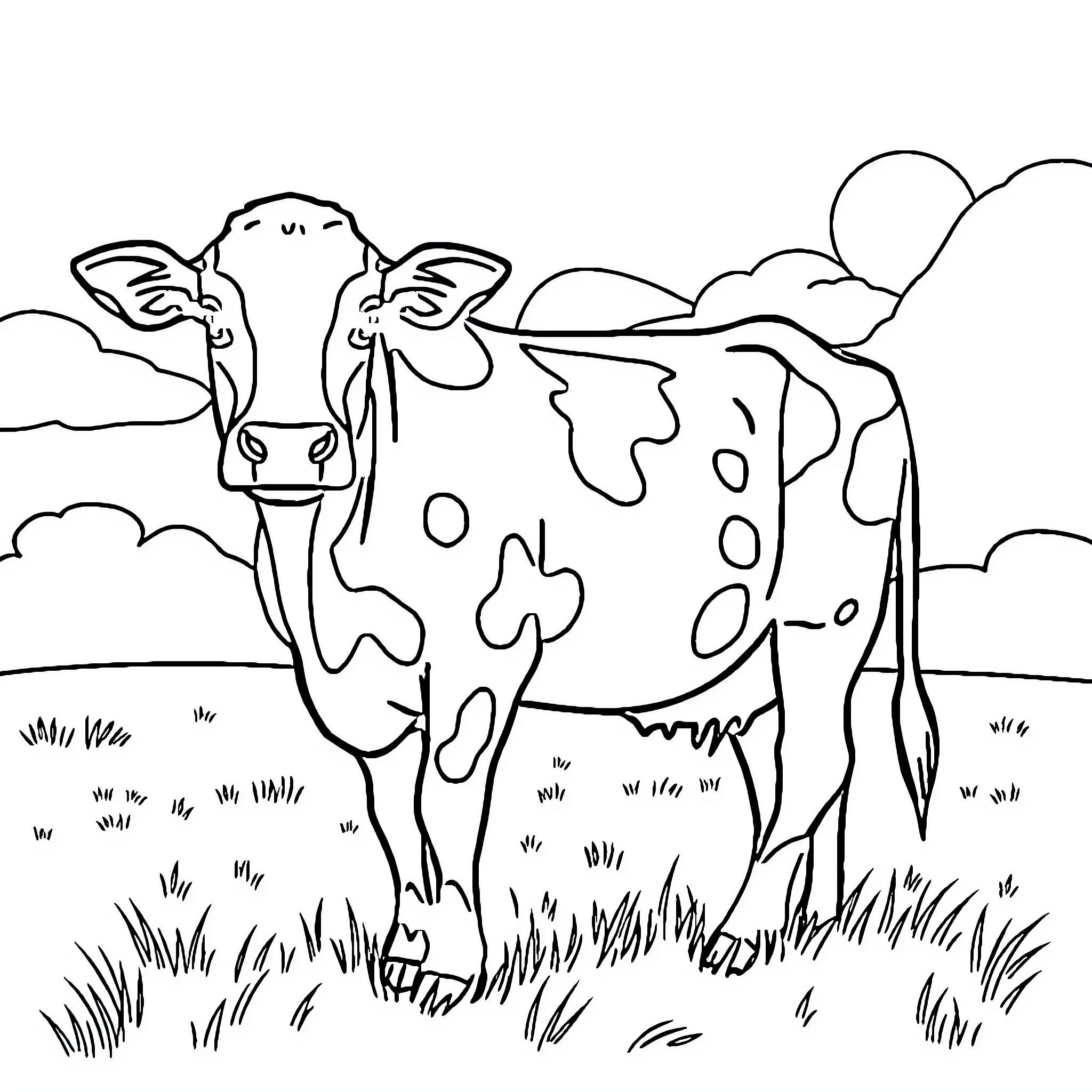 Cow standing in a grassy field Coloring Page (free black-and-white line drawing printable PDF for all, from beginners to advanced learners, including children, teens, adults, and seniors)
